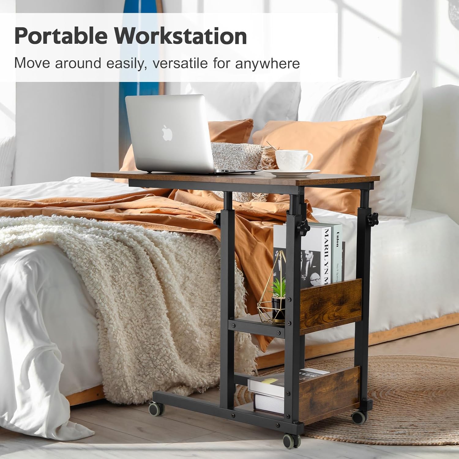 Hadulcet C Shaped Side Table Adjustable, Height Adjustable C Table with Wheels and Storage Shelves for Couch Bed Recliner Rustic Brown