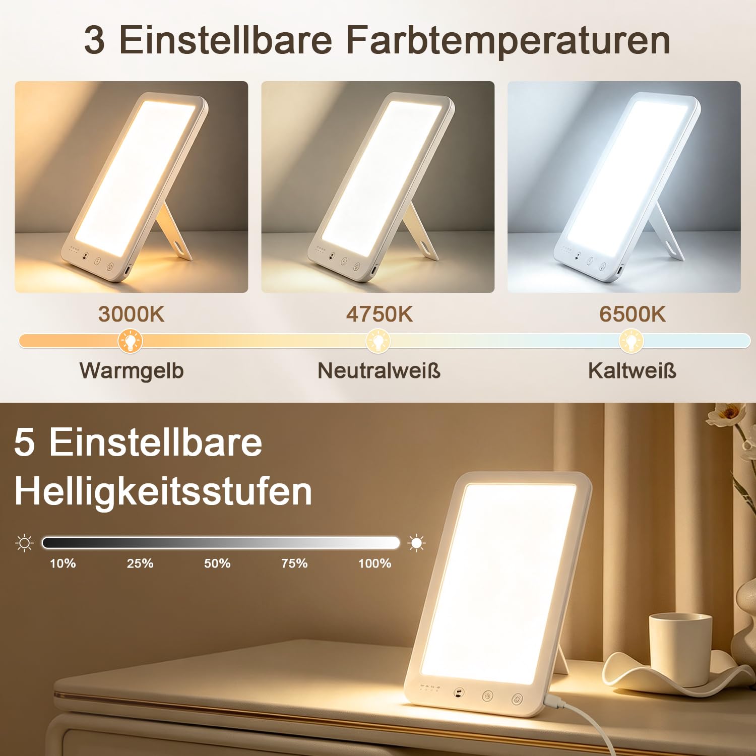 Lampe lumière du jour 10 000 lux, 3 températures de couleur, 5