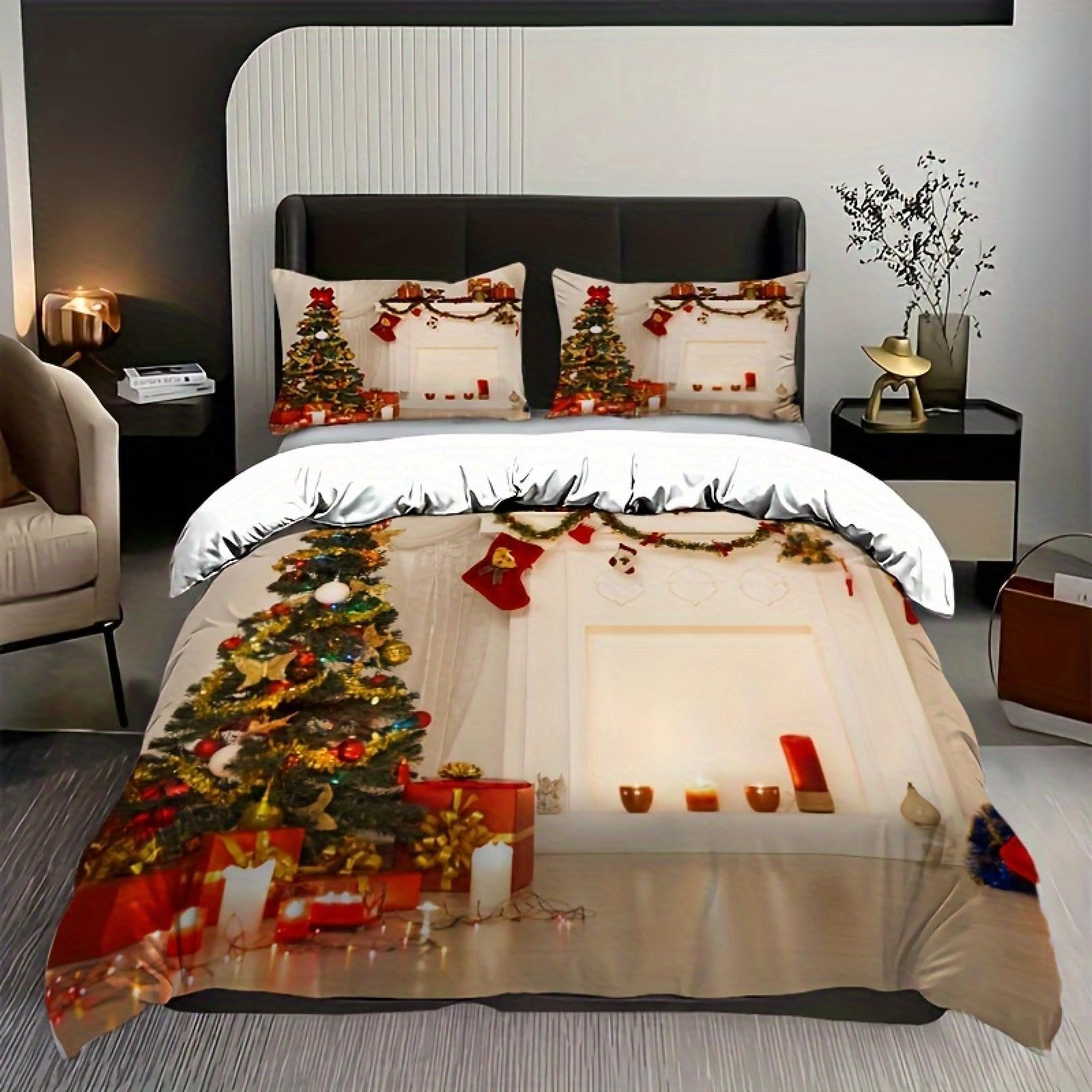 Parure de lit Sapin de Noël en polyester doux haute densité, parure 3 pièces imprimée de qualité