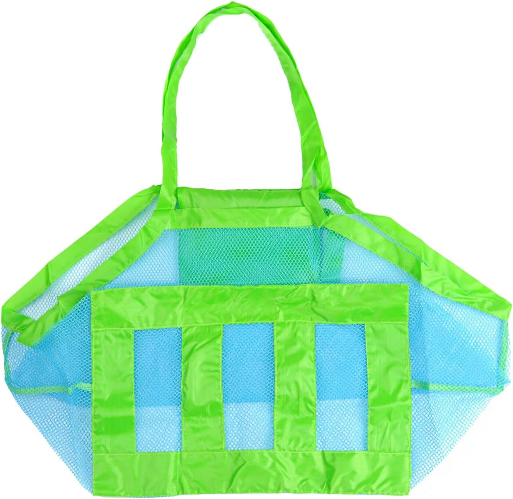 Large Mesh Beach Bag with Pocket Folding Sand Away Tote for Child's Toys Lightweight Reusable Net Bag for Wet Towels Shoes Foldable Summer Beach Bags 18x12x18inch Blue Mesh Green Strap
