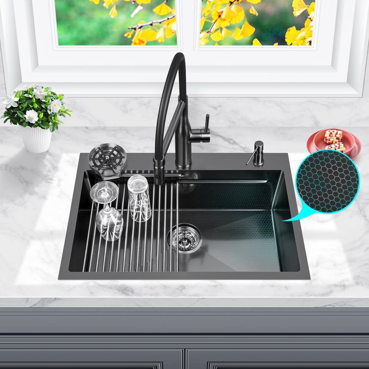 FRANIC 26" Handmade Black Bar Workstation Sink, 26" x 18" x 8" Stainless Steel Matte Nano Black Topmount Single Bowl Small Kitchen Outdoor Sink
