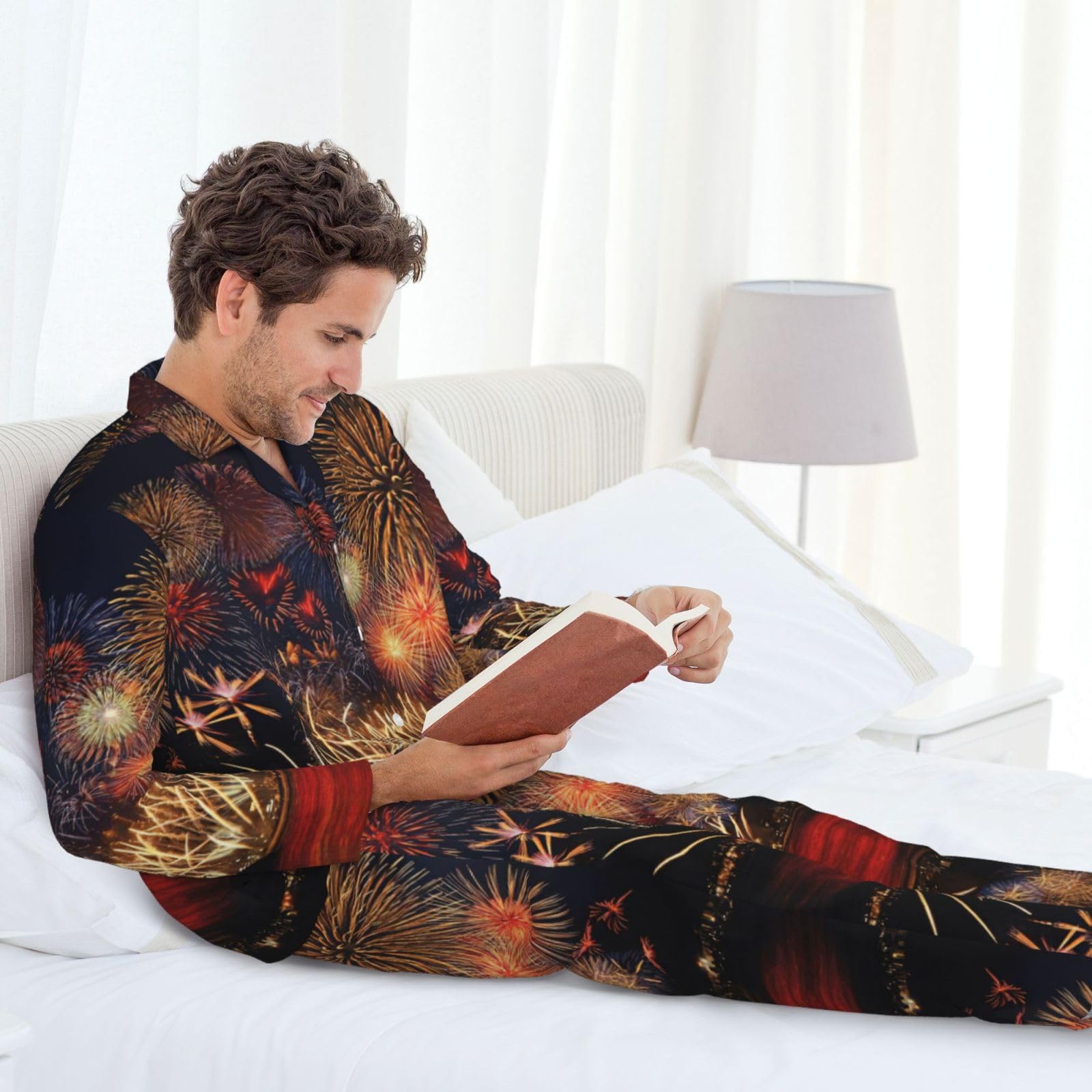 Conjunto de pijama con estampado de fuegos artificiales para hombre, pijama suave de manga larga con botones y bolsillos