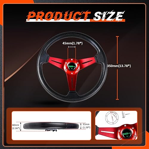Vista 5 de Rastp Volante de carreras universal de 13.8 pulgadas, 6 pernos, agarre de material de espuma de poliuretano y aluminio con botón de claxon para Rojo