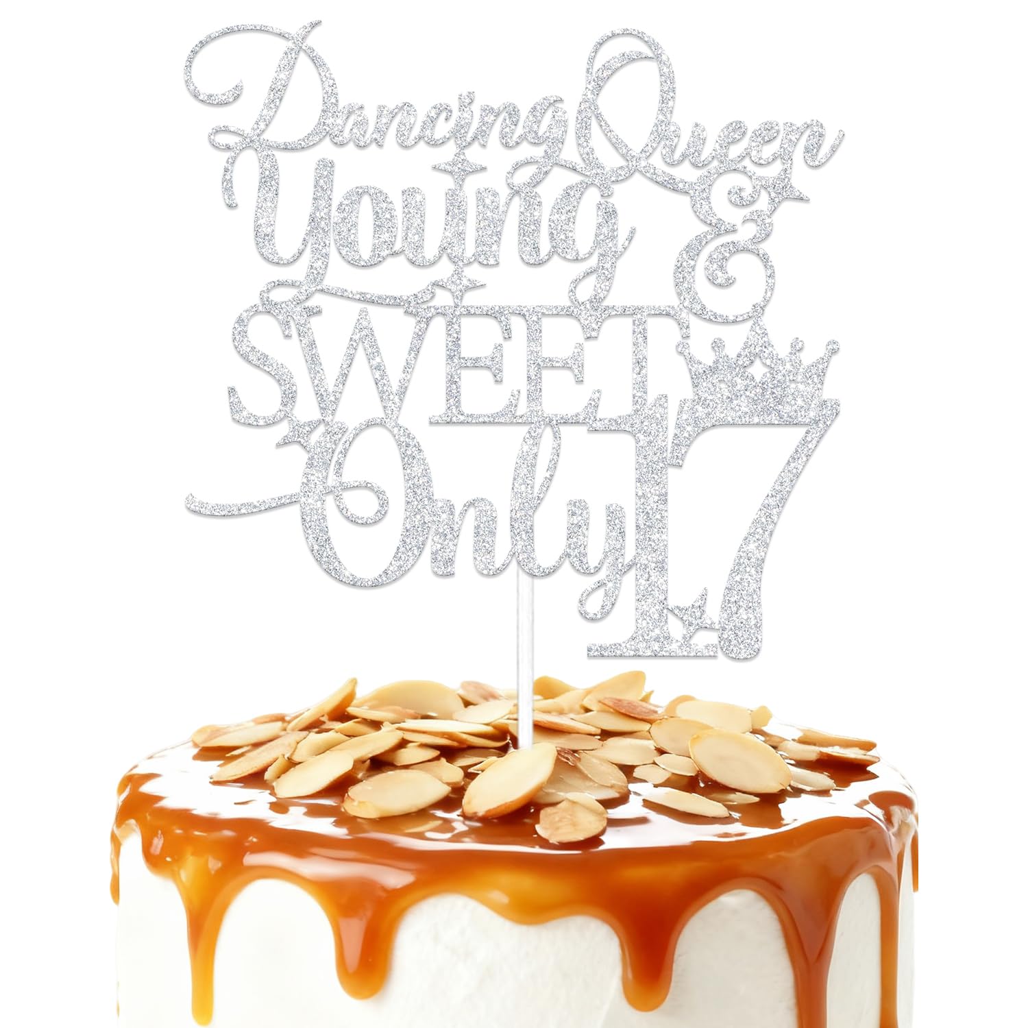 ZCXVC Dancing Queen Young & Sweet Only 17 Cake Topper 17th Birthday Decorations for Girls Cheers to 17 Years Birthday Party Decoration Supplies Silver Glitter