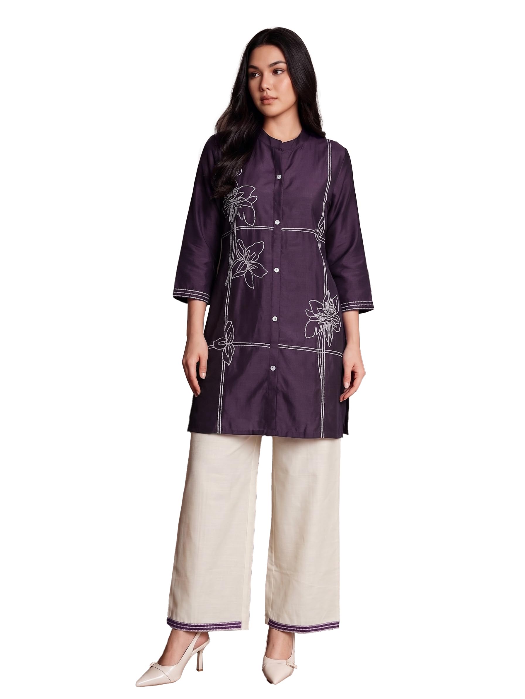 tagdo Floral Embroidered Kurta Sets for Woman | Straight Fit Ethnic Kurti with Palazzo Pants | Round Neck 3/4 Sleeve | Elegant 2-Piece Outfit | Traditional, Office & Casual Wear (2068)-picture-10