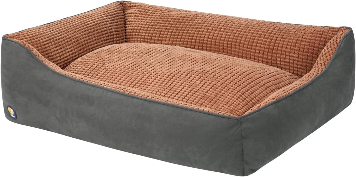 Veehoo Cotton Pet Dog Bed - Soft Rectangle Bolster Pet Beds for Large Dogs, Maching Washable Calming Cat Bed with Anti-Slip Bottom, 39x30x10 inch, Grey + Brown