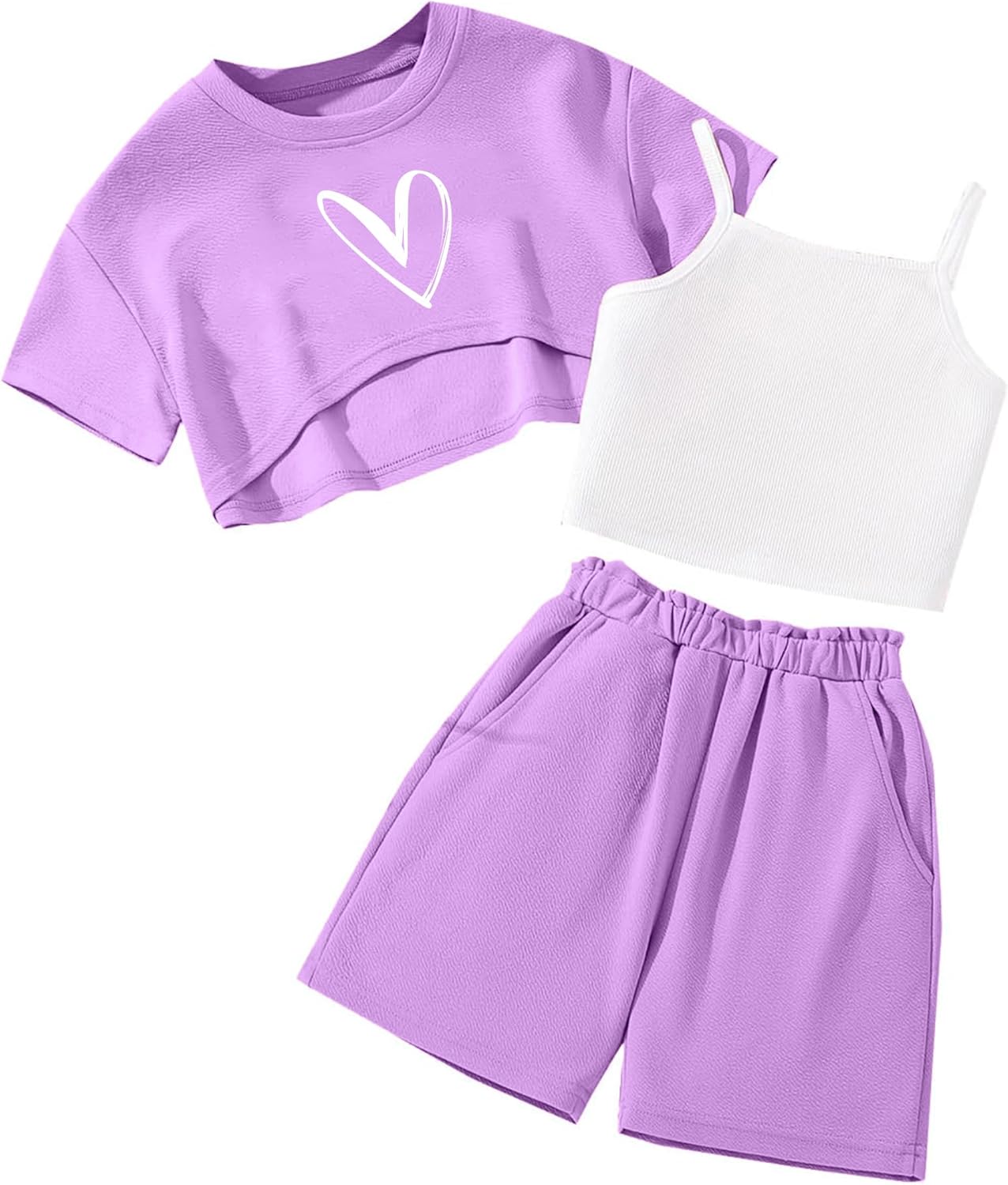 Hilinker Girls 3 Piece Summer Outfits Graphic Crop Tee and Cami Top with Shorts Set Hilinker Girls 3 Piece Summer Outfits Graphic Crop Tee and Cami Top with Shorts Set