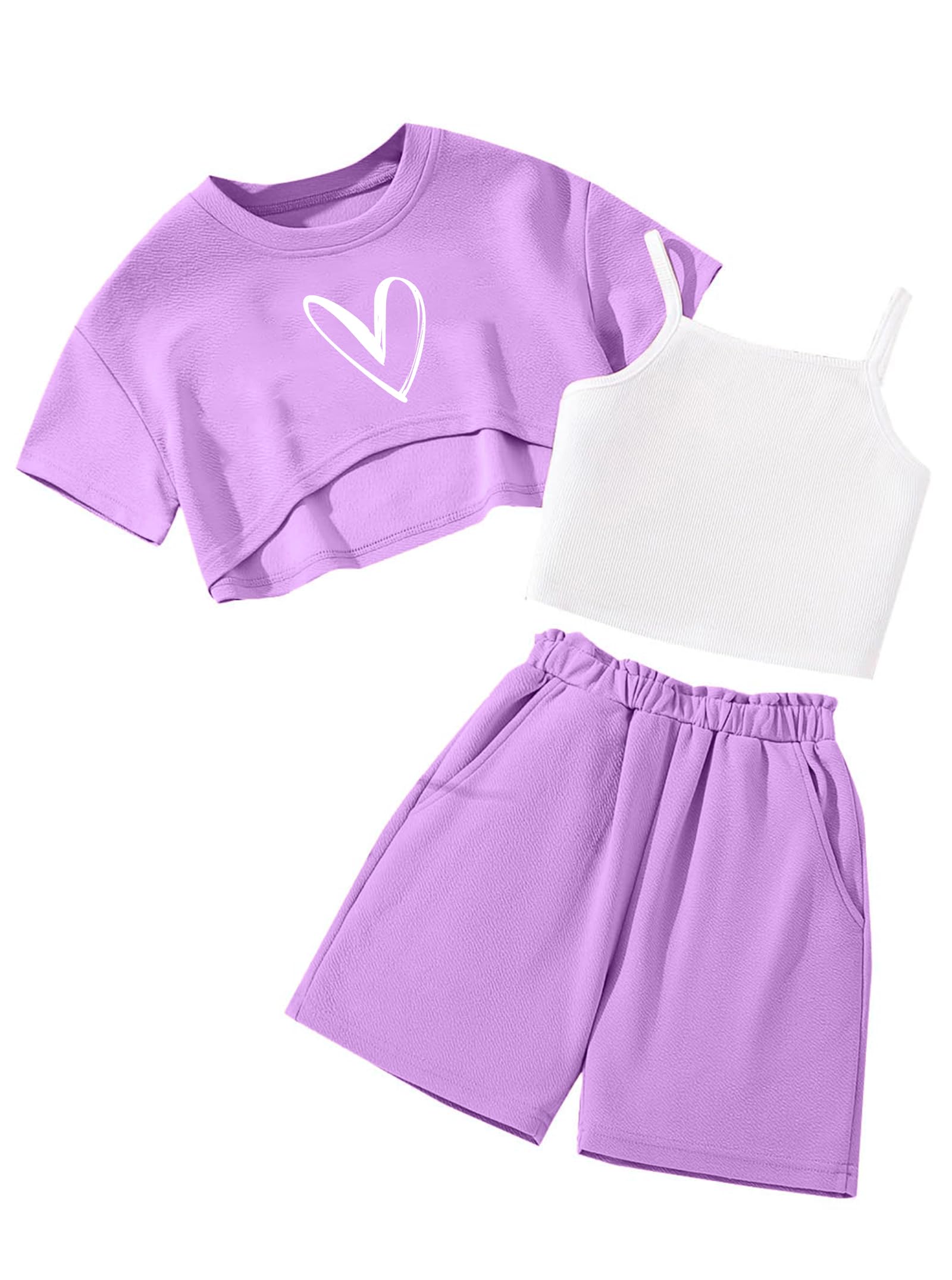 Hilinker Girls 3 Piece Summer Outfits Graphic Crop Tee and Cami Top with Shorts Set