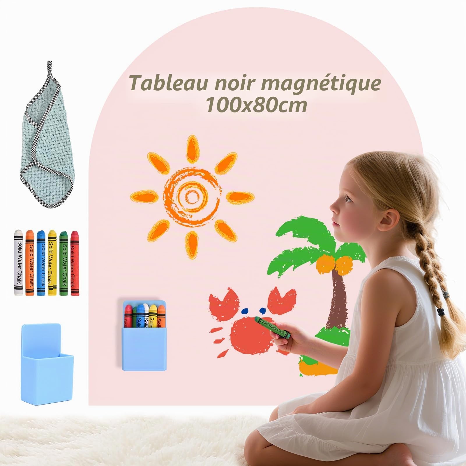 Tableau Magnétique Mural Enfant 80×100 cm - En forme d'arc - Avec couleurs pastel et craies - Tableau magnétique pour filles et garçons