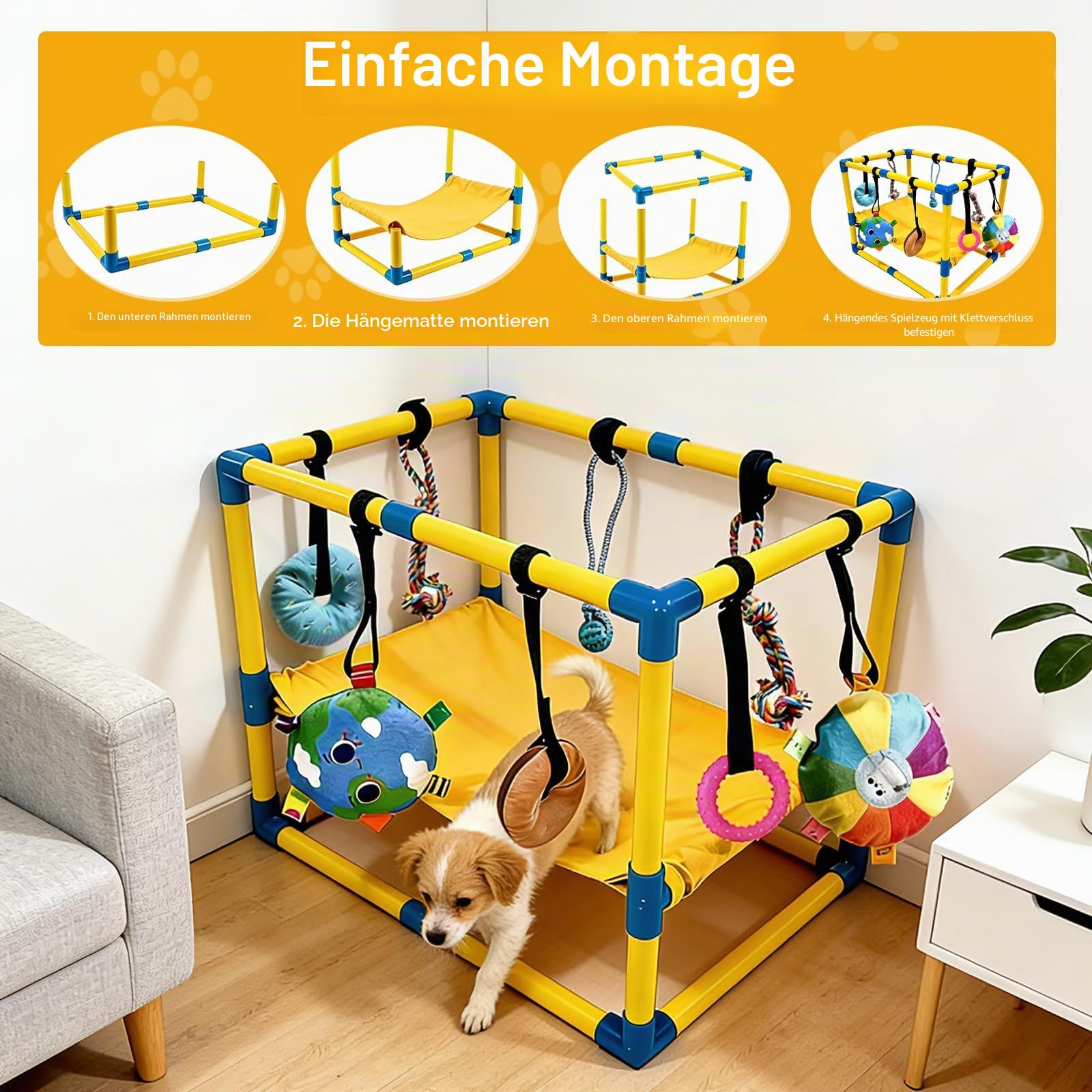Hundespielzimmer, 60 x 40 x 40 cm Welpenspielstudio mit Hängematte und Hängenden Spielzeugen Welpenspiel-Fitnessstudio mit Intelligenzspielzeug für Hunde zu Förderung von Bewegung Geistiger Auslastung