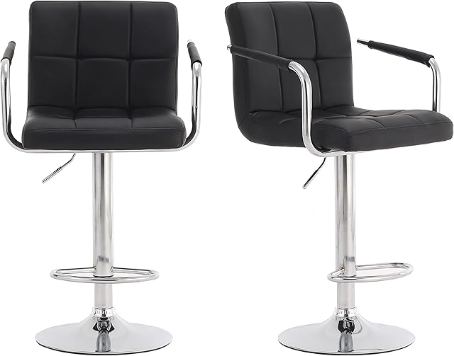 Millhouse New Pair of Cuban Bar Stools Set with Arms, Backrest, Adjustable Swivel Gas Lift, Chrome Footrest and Base for Breakfast Bar, Kitchen and Home Barstools DM717 (Black-)