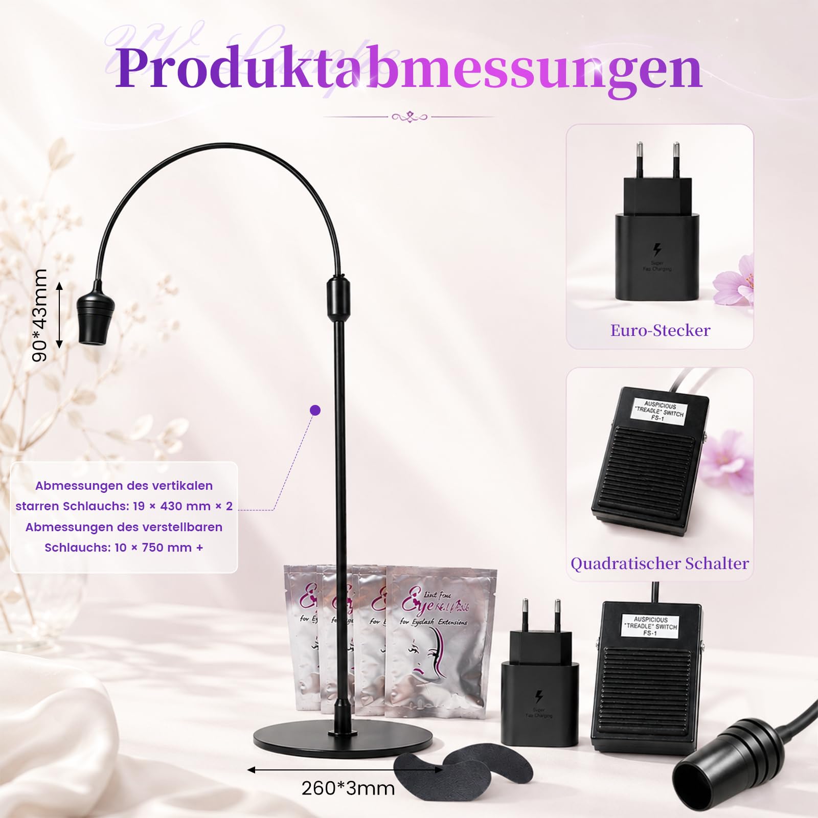 UV Wimpern Lampe, 10W LED-UV-Licht für Lichthärtenden Anwendungen, Schwanenhals Wimpernlicht, 1-3 Sekunden Schnelle Aushärtung, UV LED Lampe für Wimpernverlängerung mit Fußschalter