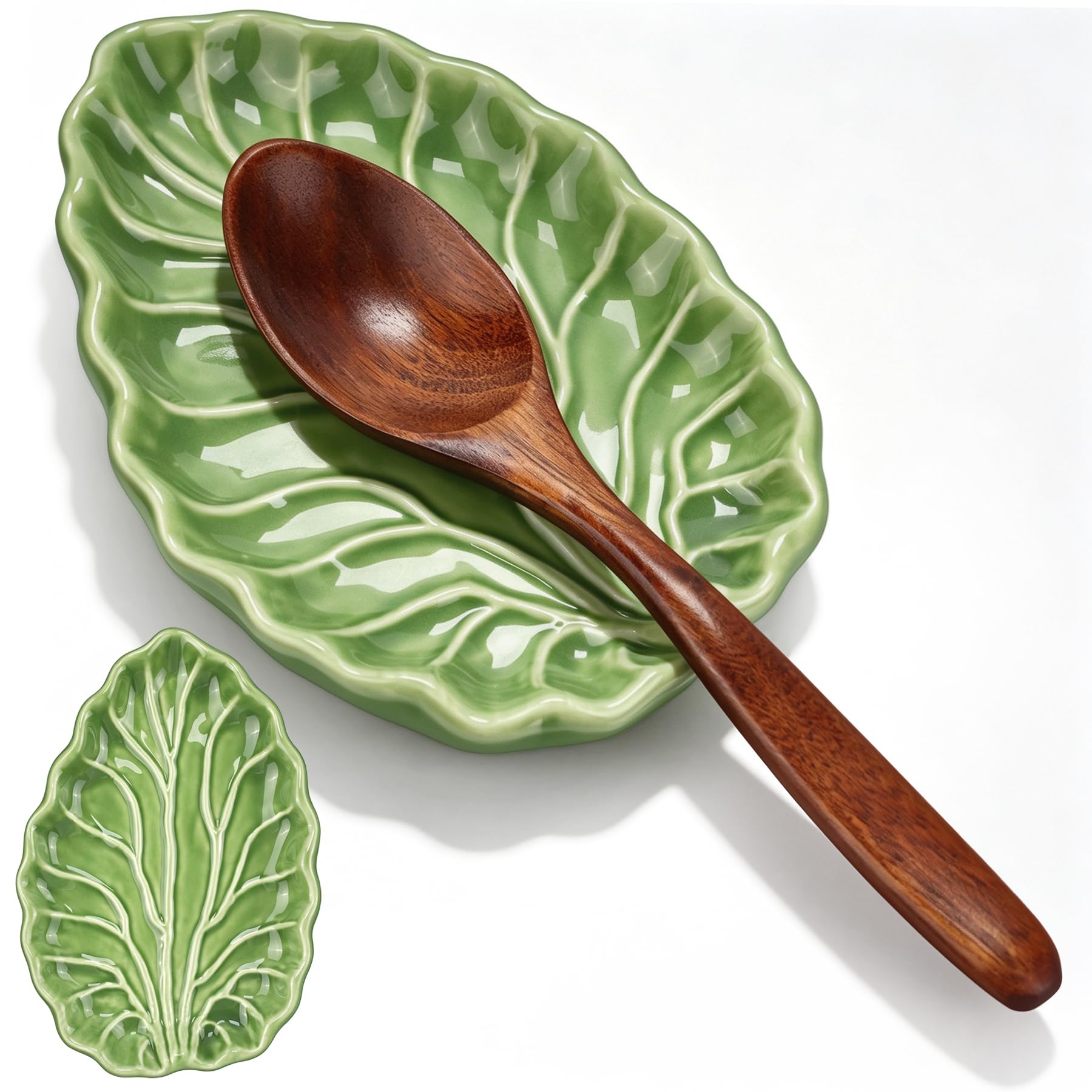 Ceramic Spoon Rest, Spoon Holder for Stove Top, Kitchen Counter, Utensils, Ladle, Coffee Spoons, Cooking spoons, Spatula, Tongs, Heat-Resistant, Housewarming Gifts (Green Leaf)