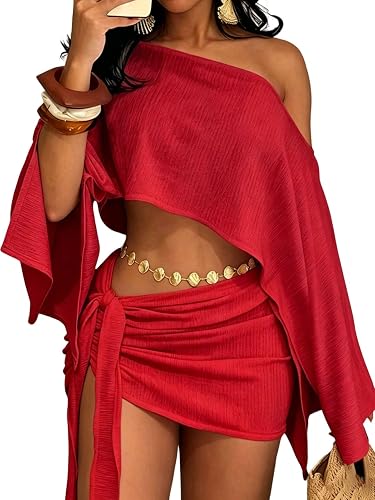 Women's 2 Piece Skirt Set Batwing Sleeve Crop Top Ruched