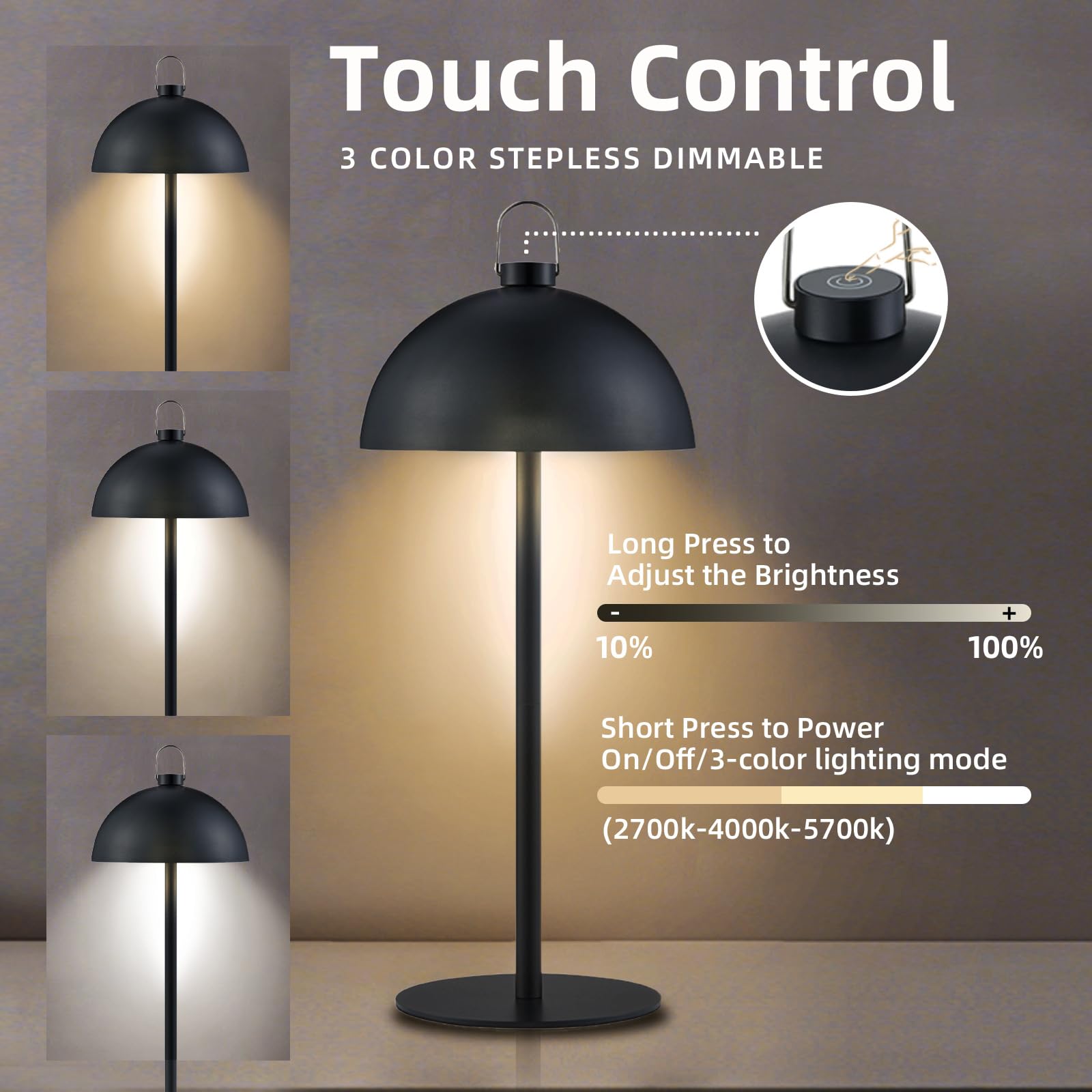 Kabellose Tischlampe Touch Aufladbar 3 Farbtemperaturen Dimmbare LED Nachttischlampe mit langlebigem Akku Höhenverstellbare Camping Deko Tischleuchte für Innen & Outdoor, Schlafzimmer, Bar, Terrasse