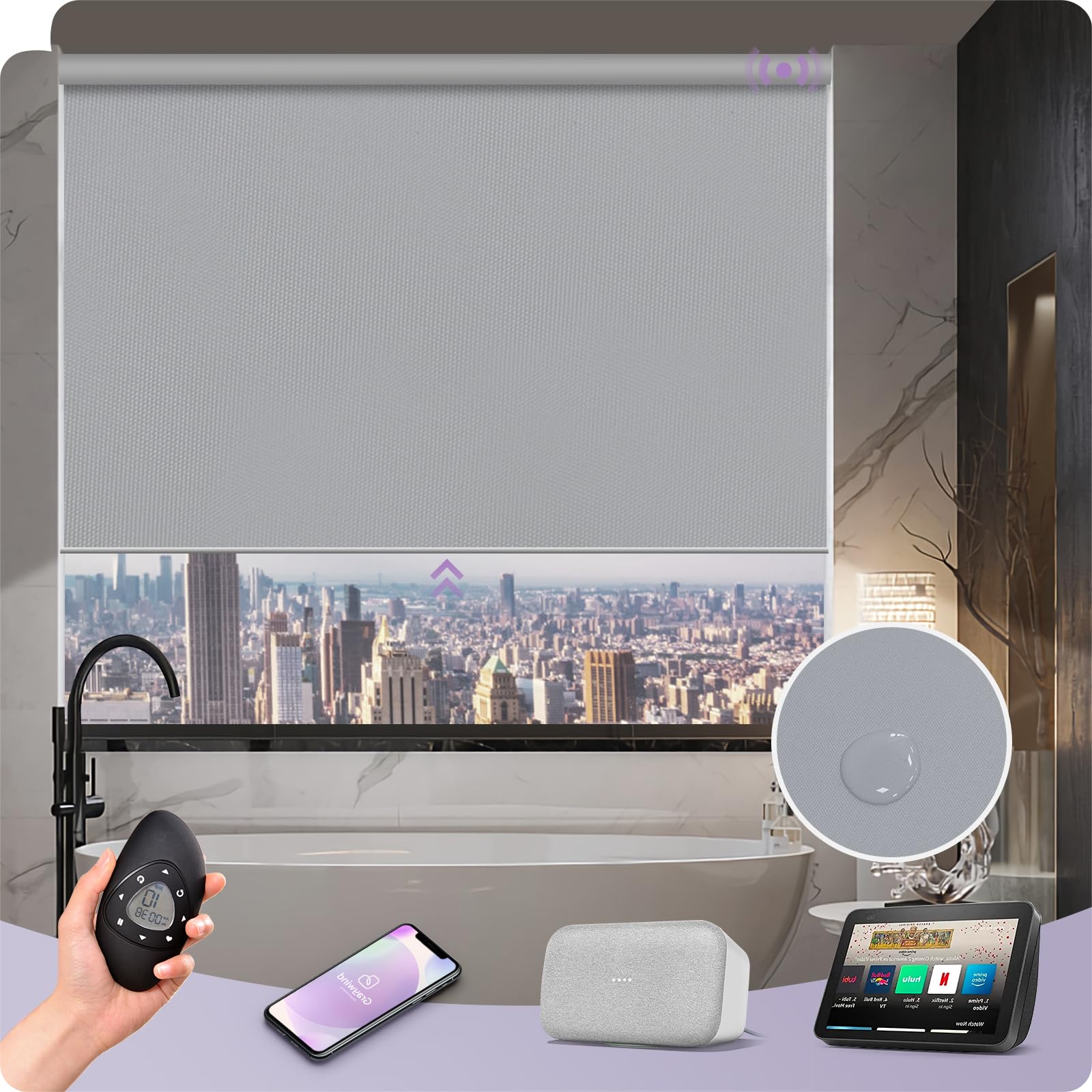 Graywind Motorized Roller Shade Blinds 100% Blackout Shades Cordless Waterproof Remote Control Window Automated Blinds with Valance Custom Size for Smart Home and Office, Light Grey