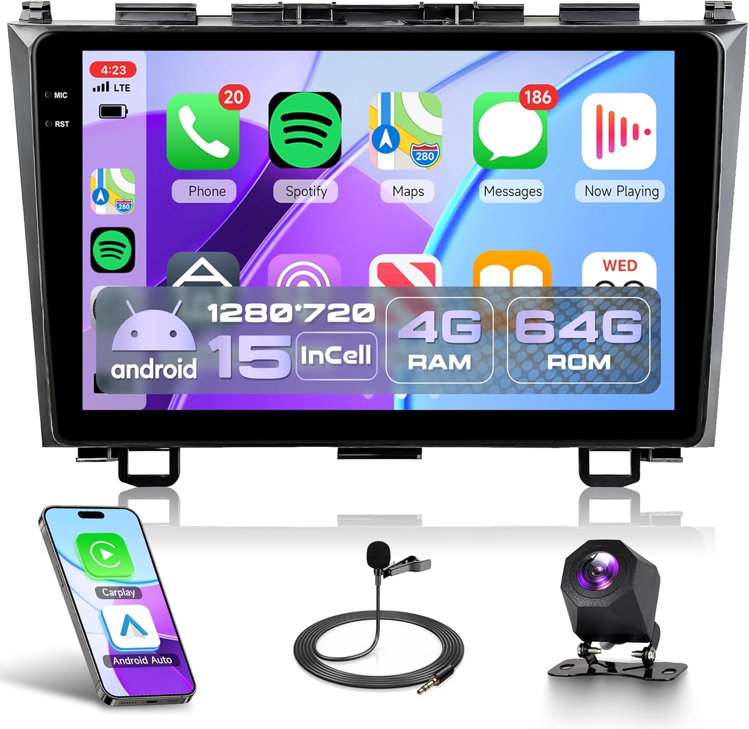 4Core 4G+64G Android 15 Car Radio for Honda CRV 2007-2011, Rimoody Car Stereo Wireless Carplay Andorid auto Mirror Link 9'' INCELL Touchscreen GPS WiFi Bluetooth 5.0 FM/RDS EQ-32 SWC Backup Camera 4G+64G Wireless Carplay