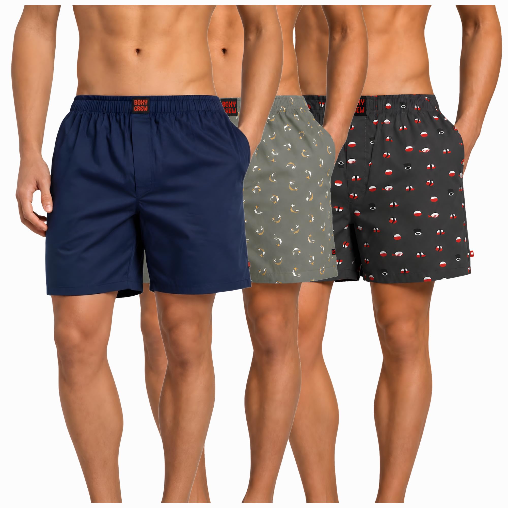 Men's 100% Cotton Boxer Shorts Pack of 3, Navy Blue, Green & Charcoal | Woven Boxers with Side Pockets, No-Marks Elastic Waistband, Breathable Relaxed Fit | Style 002-008-012-image-48
