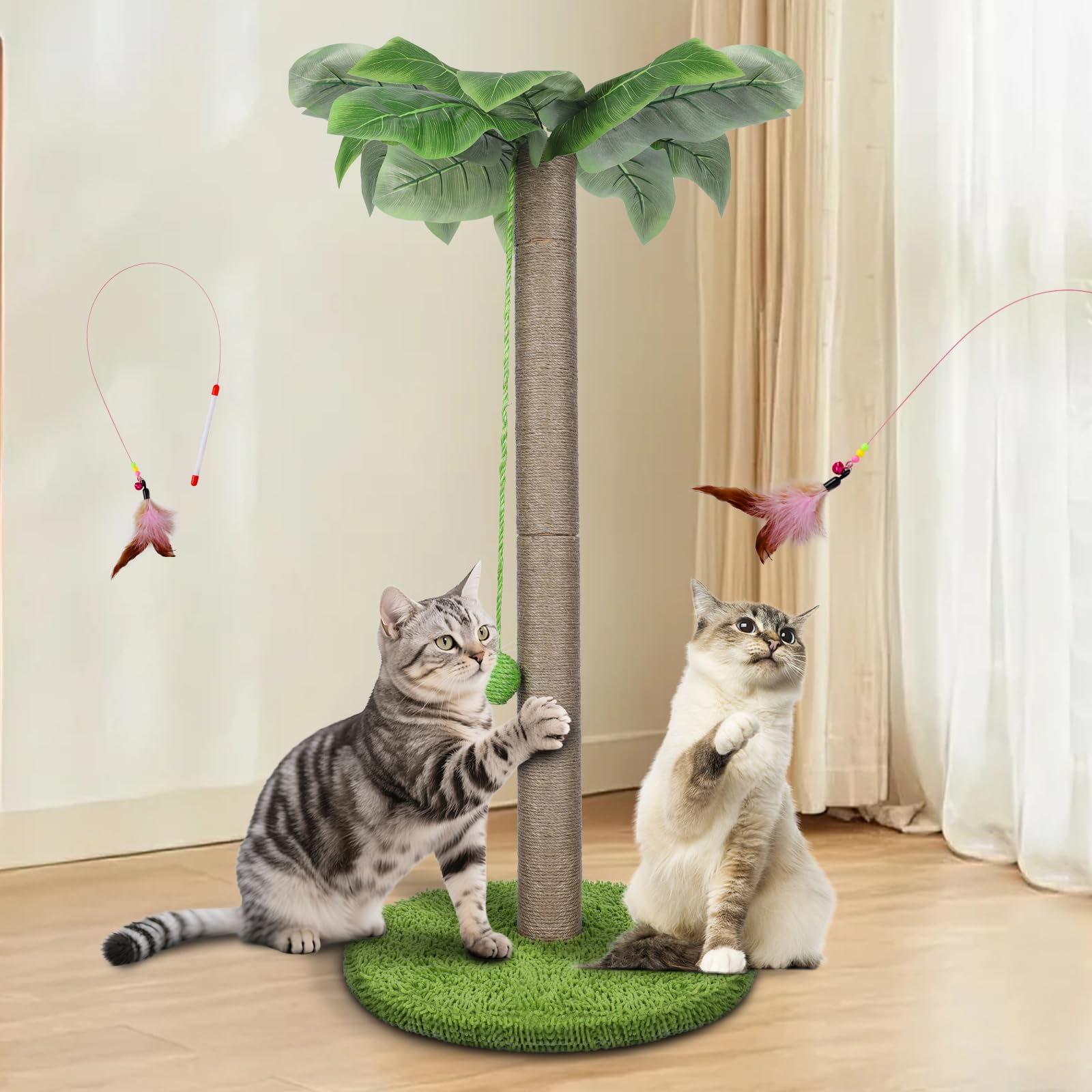 Zvonema Griffoir pour Chat, Arbre à Chat 85 CM, Griffoir Chats avec Corde de Sisal Natual d'Intérieur Palmier avec Balles en 1 Bâton à Plumes, Suspendues Interactives pour Petits & Grands Chats