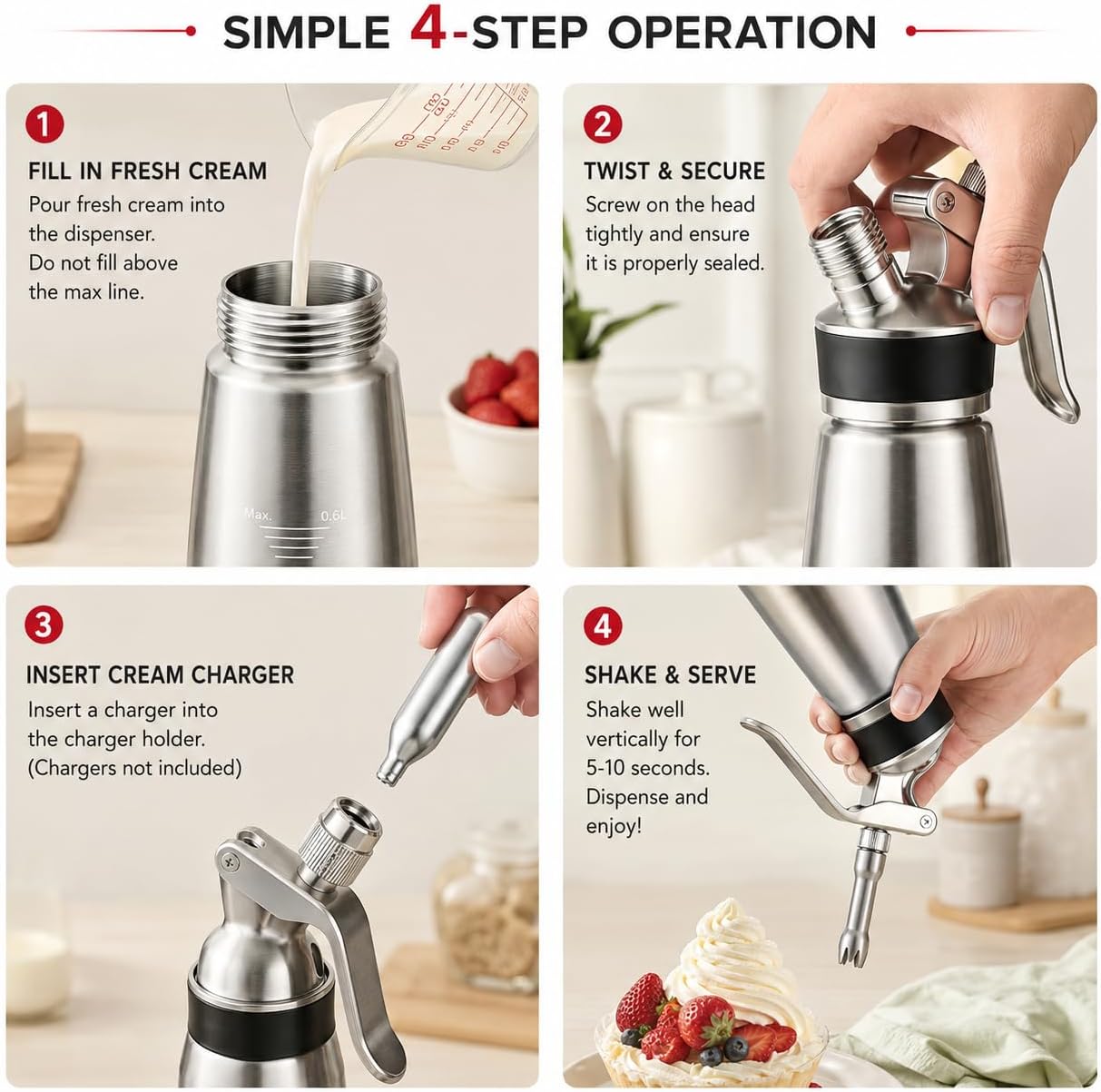 Professional Aluminum Whipped Cream Dispenser, 500mL (1 Pint) Cream Whipper - Leak-Resistant Whipped Cream Maker with 3 Decorating Tips, Cleaning Brush for Cold Foam, Coffee, Lattes, Desserts & More