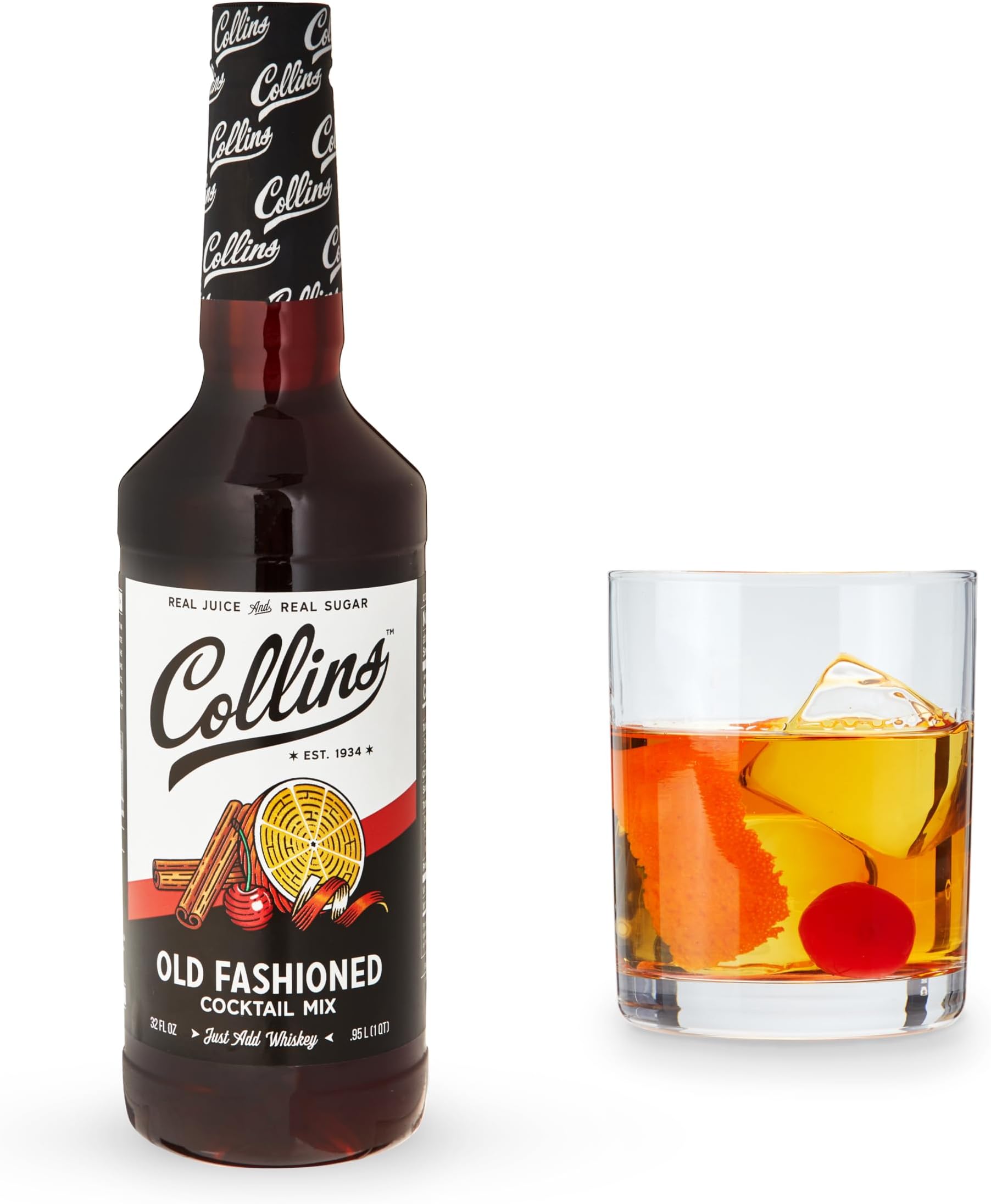 Collins Old Fashioned Mix, Made With Real Brown Sugar and Cherry Juice With Aromatics, Classic Cocktail Recipe Ingredient, Home Bar accessories Cocktail Mixers, 32 fl oz