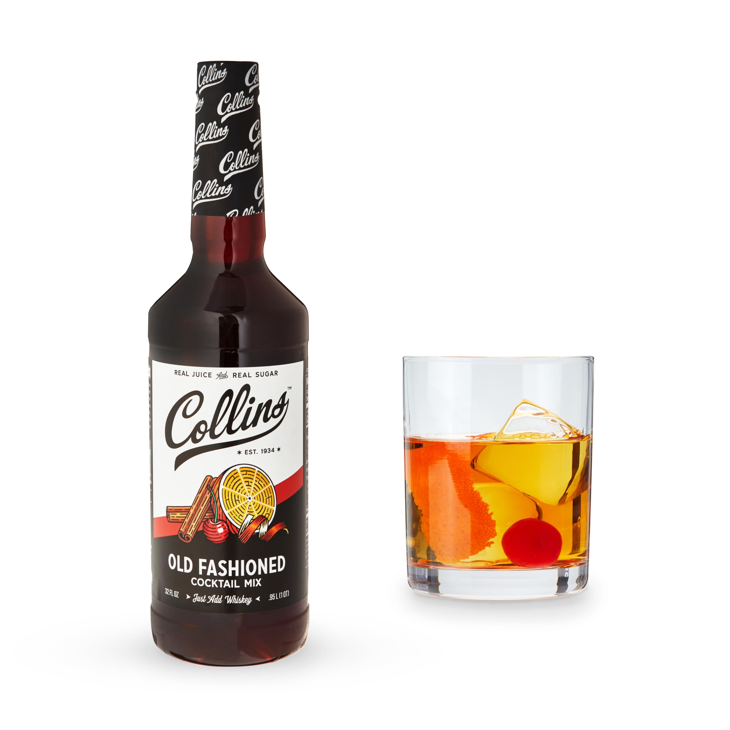 Collins Old Fashioned Mix, Made With Real Brown Sugar and Cherry Juice With Aromatics, Classic Cocktail Recipe Ingredient, Home Bar accessories Cocktail Mixers, 32 fl oz