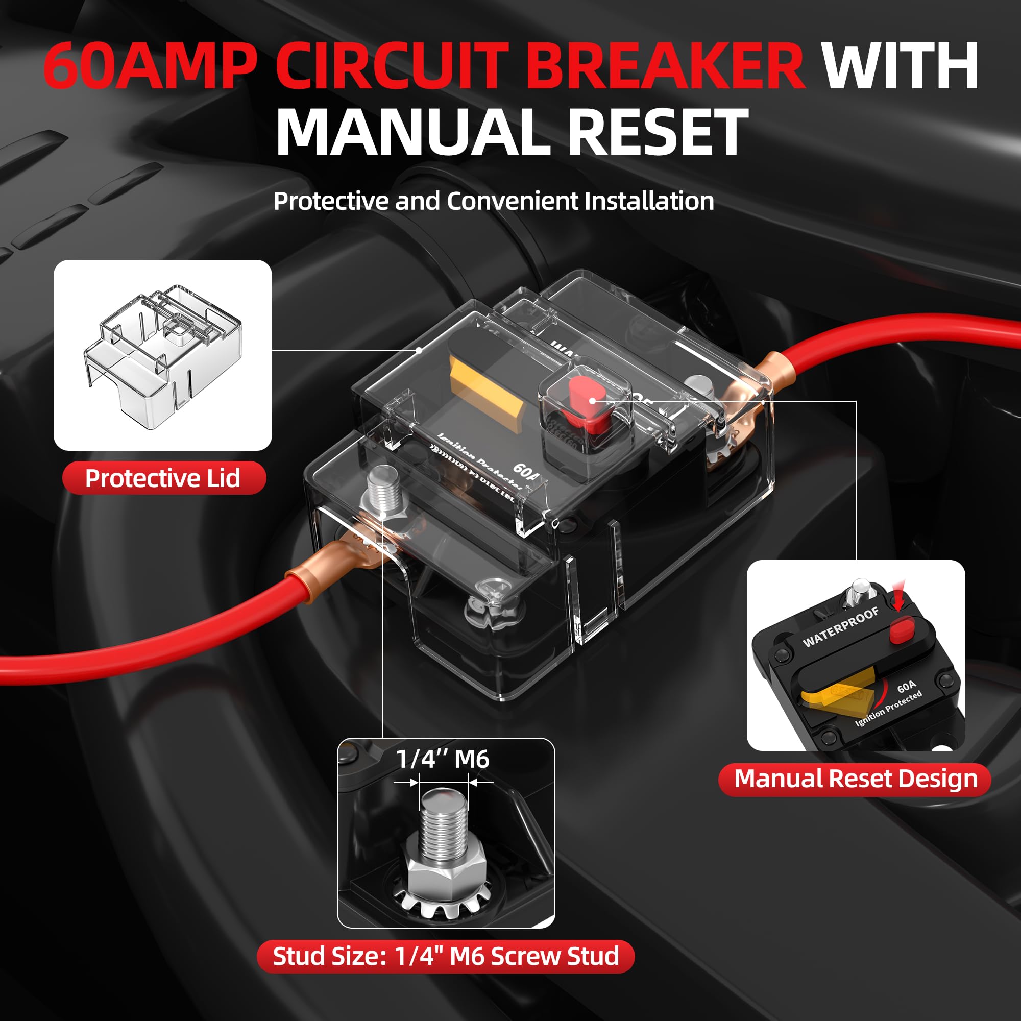 60 Amp Circuit Breaker with Manual Reset Switch, Waterproof DC 12V-48V Inline Fuse Replacement for Trolling Motor, Boat, Marine, RV, ATV, Solar, Car Audio Systems — Amazon image 5