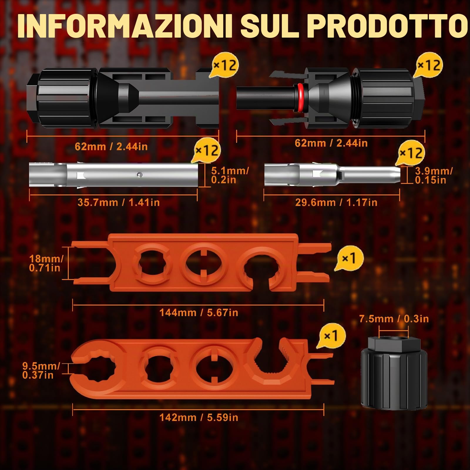 PEBA Kit di crimpatura solare per cavi 1,5-2,5/4/6 mm², con 12 paia di connettori solari, spellafili solari e 1 paio di chiavi per connettori solari, set di attrezzi a cricchetto