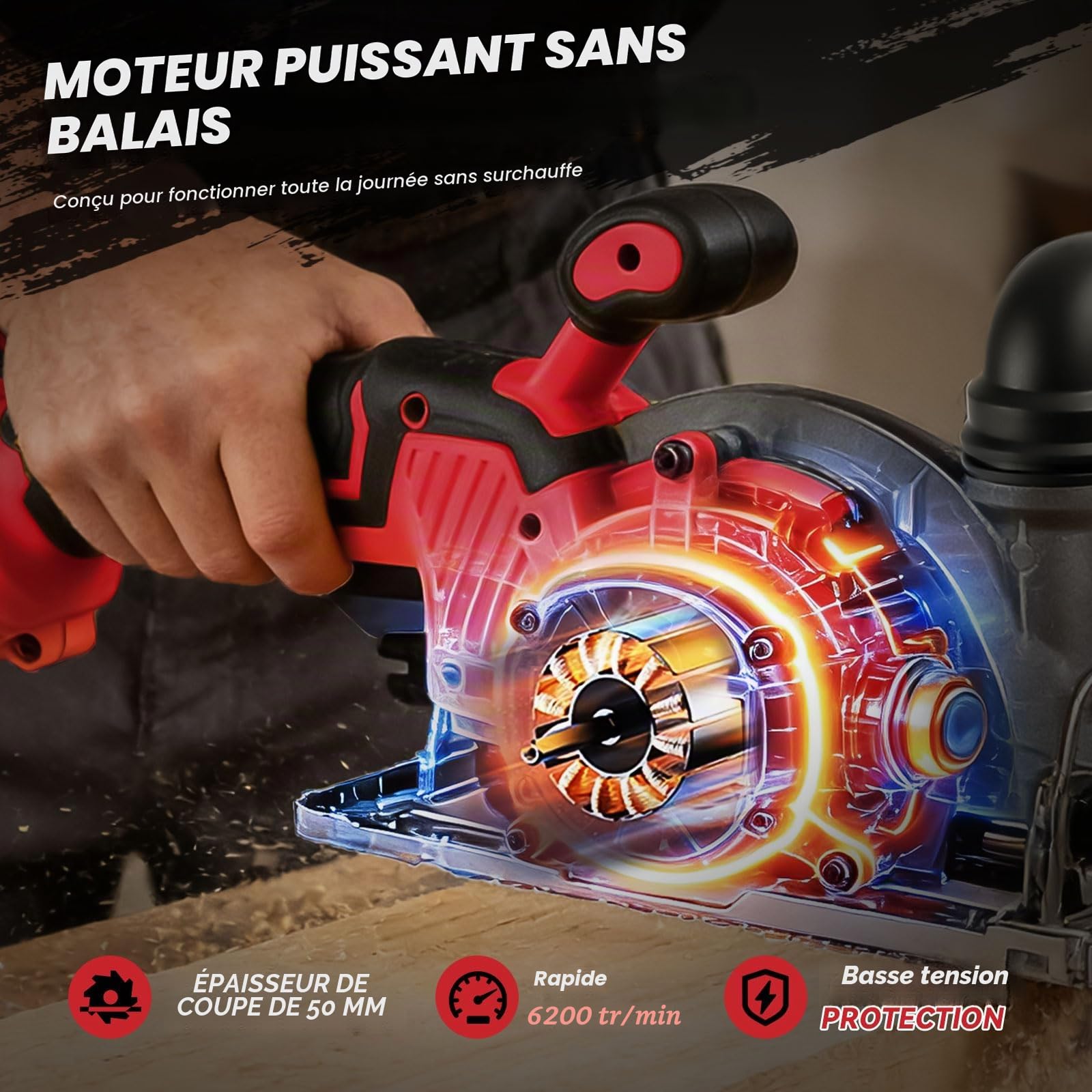 Scie circulaire sans fil de 15,2 cm compatible avec Milwaukee M18, scies circulaires sans balais de 6200 tr/min avec 2 lames de 150 mm, profondeur de coupe 50 mm, biseau de 0 à 45° pour coupe du bois