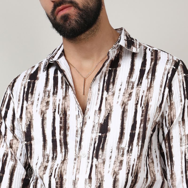 Image of CAHOOT Men's Self-Design Striped Shirt for Casual Wear | Spread Collar | Long Sleeve | Button Closure | Shirt Crafted with Comfort Fit for Everyday Wear