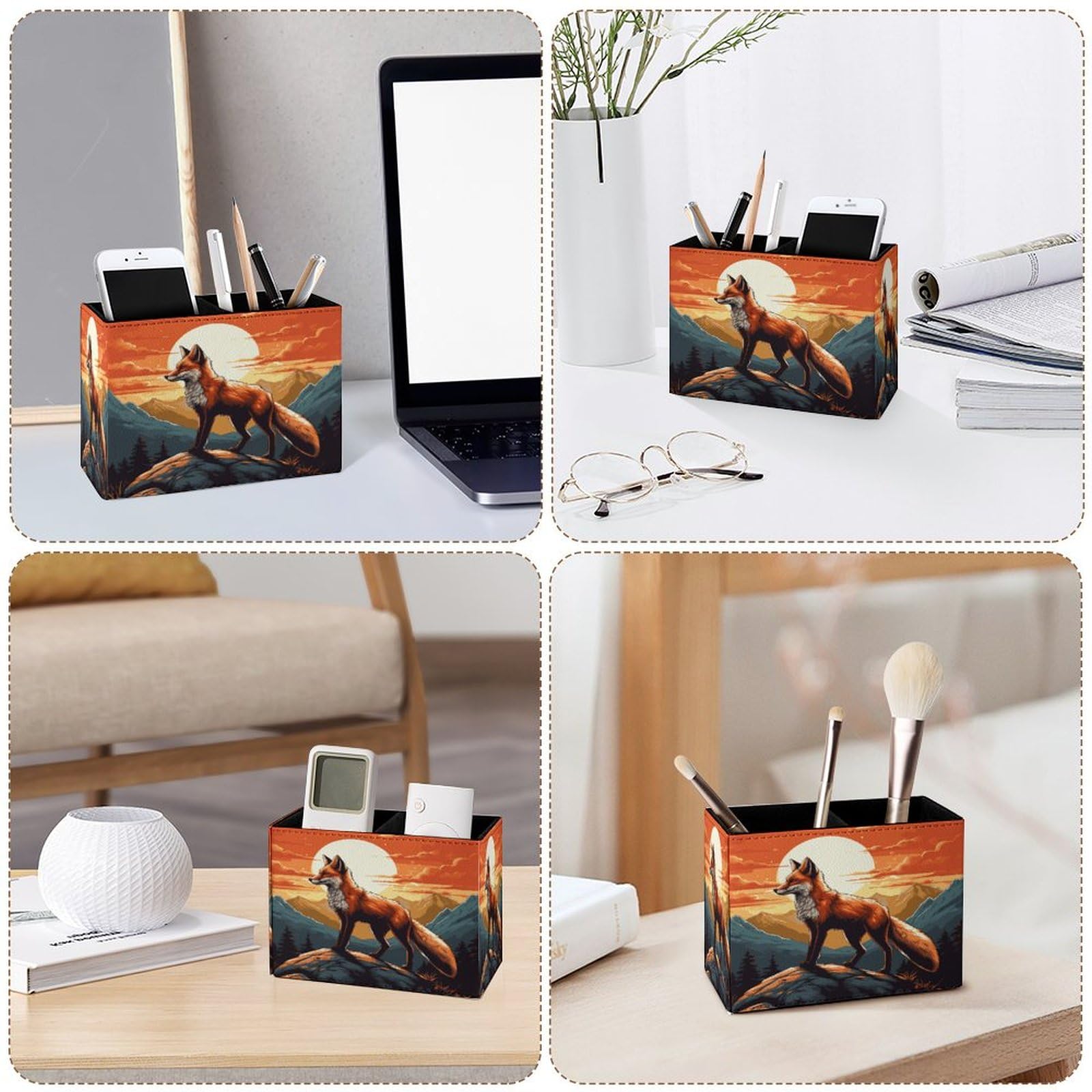 Famame Mountains Red Fox Sunset - Portalápices para escritorio, contenedor de escritorio de cuero, almacenamiento de bolígrafos, mesa de estudio, organizador de brochas de maquillaje, para aula,