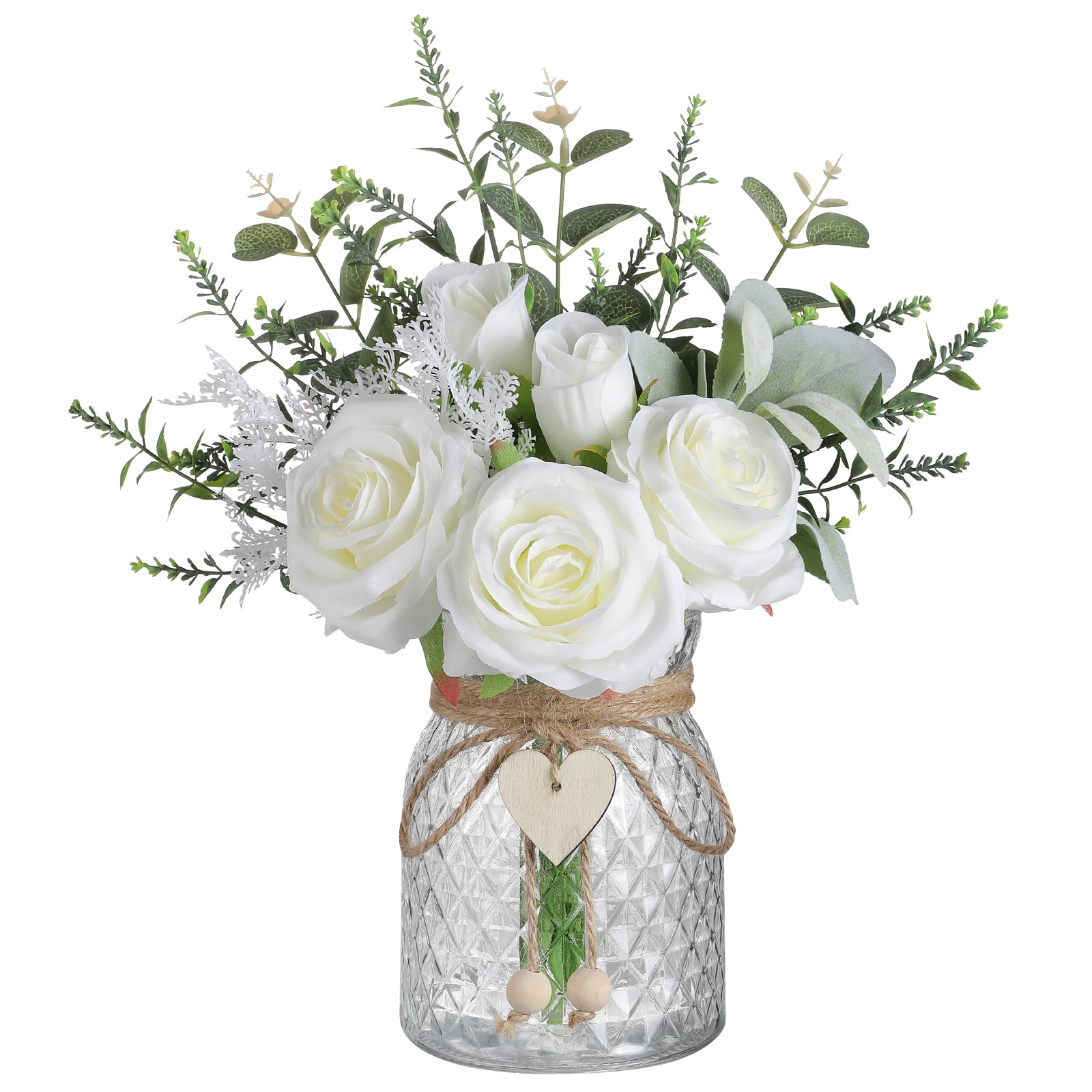 Hobyhoon Artificial Flower With Vase White Rose Flower in Vase Fake Eucalyptus Plant & Silk Flower Arrangements for Home Decor,Office,Table Centerpieces