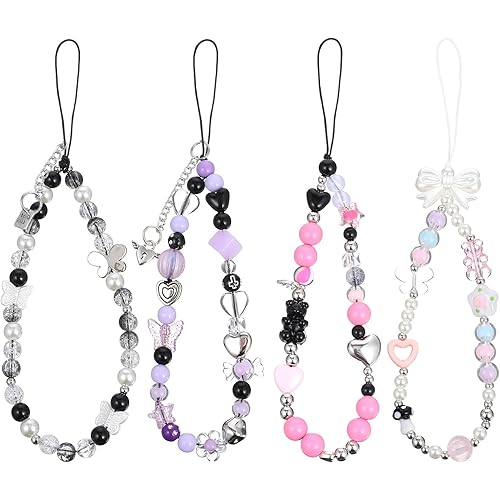 4PCS Cute Camera Wrist Straps, Bow Heart Beaded Phone Charms Strap for Women, Universal Lanyard Wrist Chain String for Phone Case, Digital Camera Holder Straps for Women