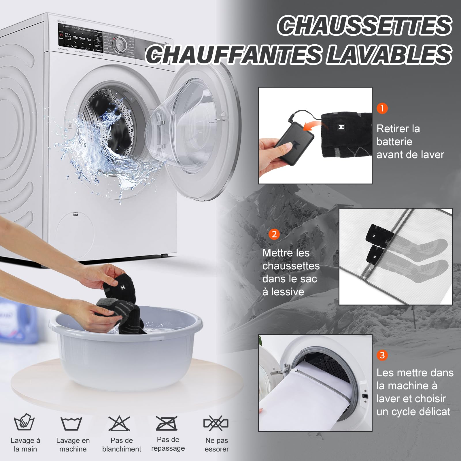 Chaussettes Chauffantes, 6000mAh Chaussette Chauffante USB Rechargeable Électrique pour Hommes Femmes, 3 Niveaux Chauffage Chaussettes d'hiver pour Sports - Ski Cyclisme Moto