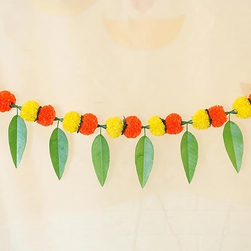 Miniatura 8 de Toran para colgar en la puerta de caléndula de 5 pies, color amarillo y naranja  Thorans indio  Guirnalda de flores para Pooja Mandir, puerta,