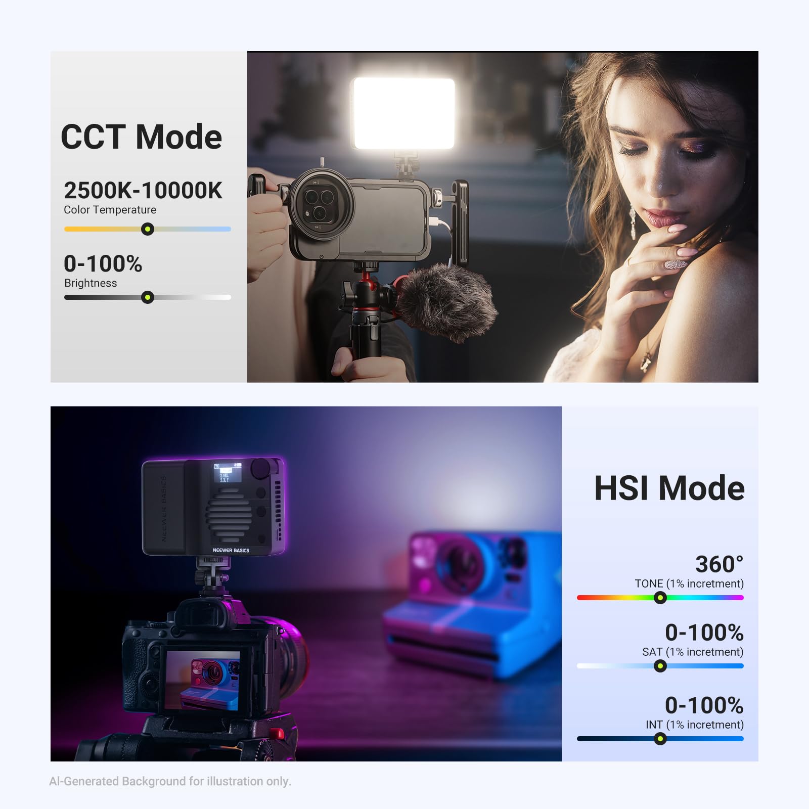 NEEWER BASICS BS40C Full RGB magnetyczna kamera wideo światło, tryb Boost 45 W, małe oświetlenie panelu LED 4800 lx/0,5 m CRI95+ 2500-10000 K 14 scen 5000 mAh do statywu DSLR Streaming Photography