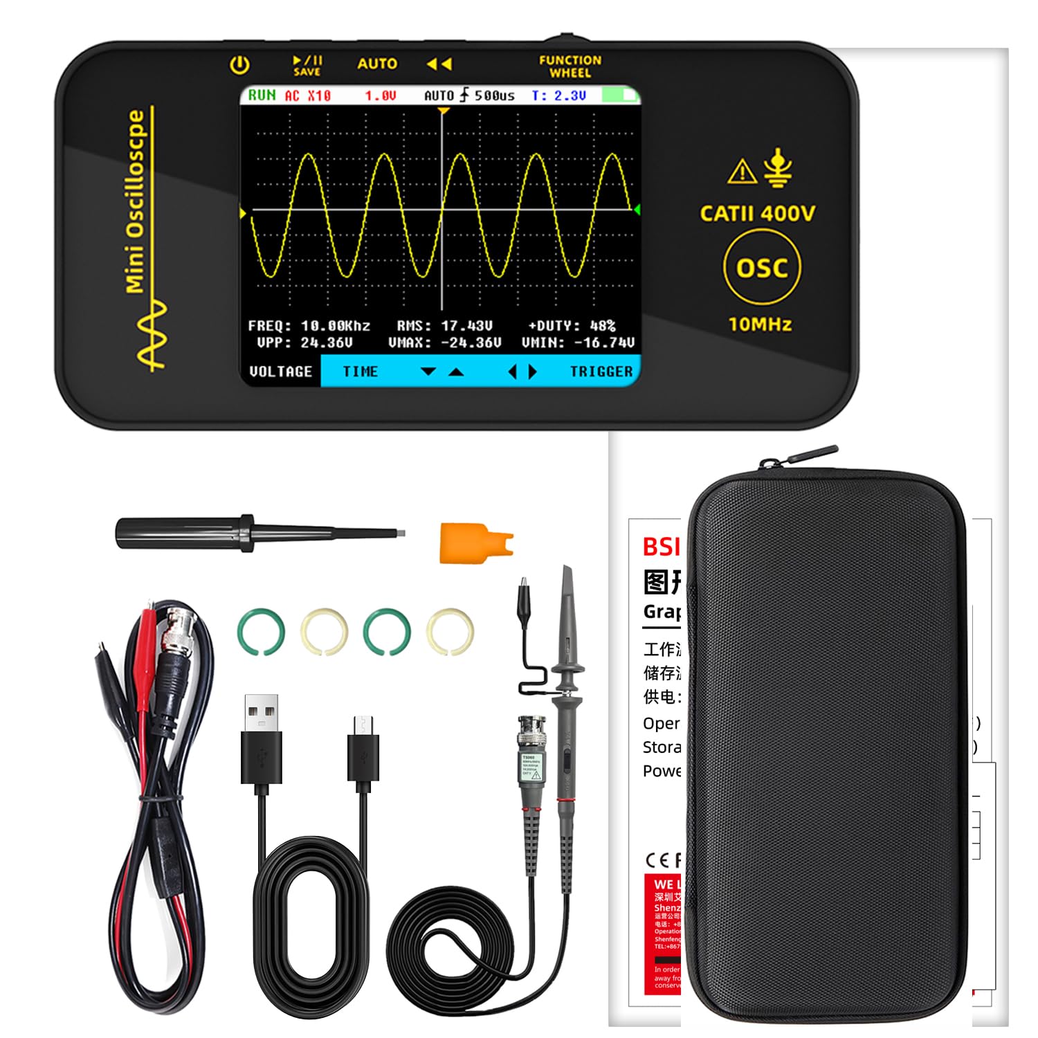 BSIDE OT3 Handheld Digital Oszilloskop Klein Mini 10MHz Bandbreite 48MSa/s Abtastung Tragbares Oszilloskop Wiederaufladbar Ultraschlank mit 3.2 Zoll Full View Farb-LCD für KFZ Audio Elektronik