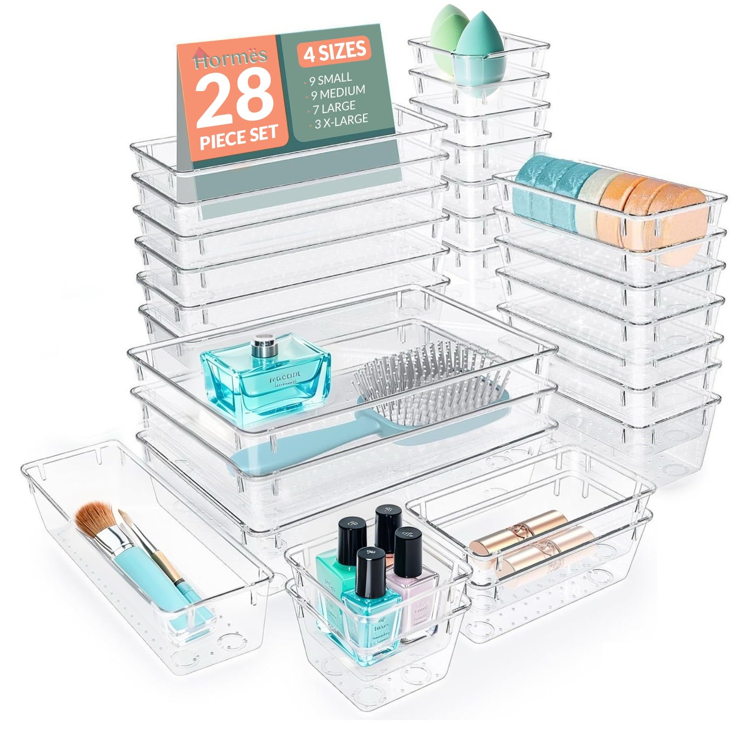 Hormes 28pcs Drawer Organisers Set, 4 Sizes Clear Plastic Drawer Organizer & Vanity Organiser for Makeup & Jewelry Storage, Kitchen Utensils & Gadgets, Desk Supplies, Bathroom & Bedroom Organisation