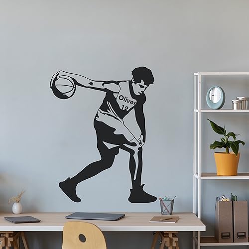 Calcomanía de vinilo personalizada de jugador de baloncesto, puertas de autos, ventanas, calcomanías de baloncesto con jugador con pelota y nombre