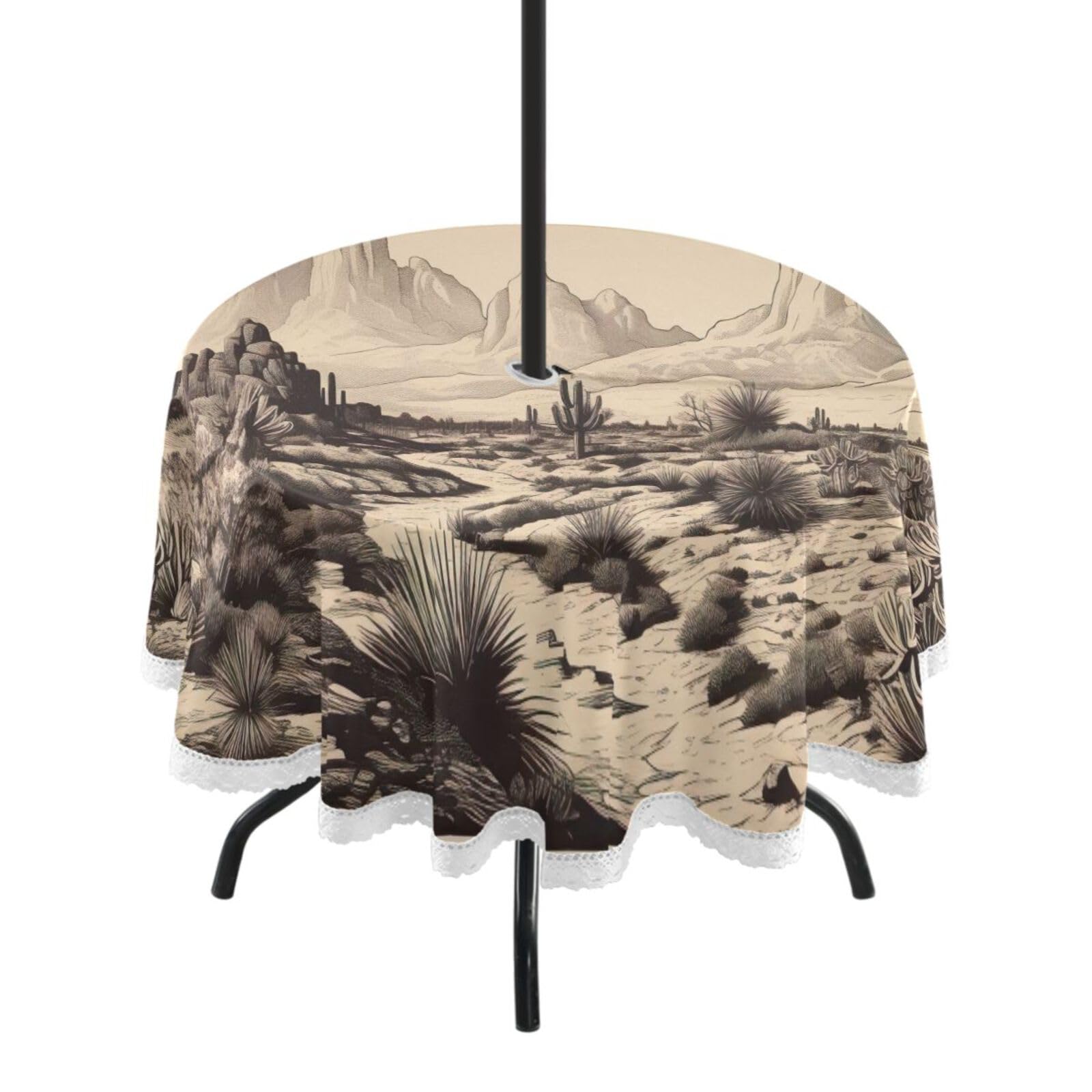 Wajiw 60 Inch Indoor Outdoor Round Tablecloth with Umbrella Hole and Zipper Waterproof Patio Table Cover for Camping Dining Room Party Outdoor Picnic,Cactus