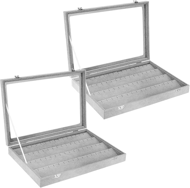 KOHAND 2 PCS Clear Acrylic Earrings Holder Organiser, 64 Slots Velvet Jewellery Organizer Box, Jewelry Display Storage Case for Necklace, Earring, Ring, 13.78(L) X 9.45 inch(W)