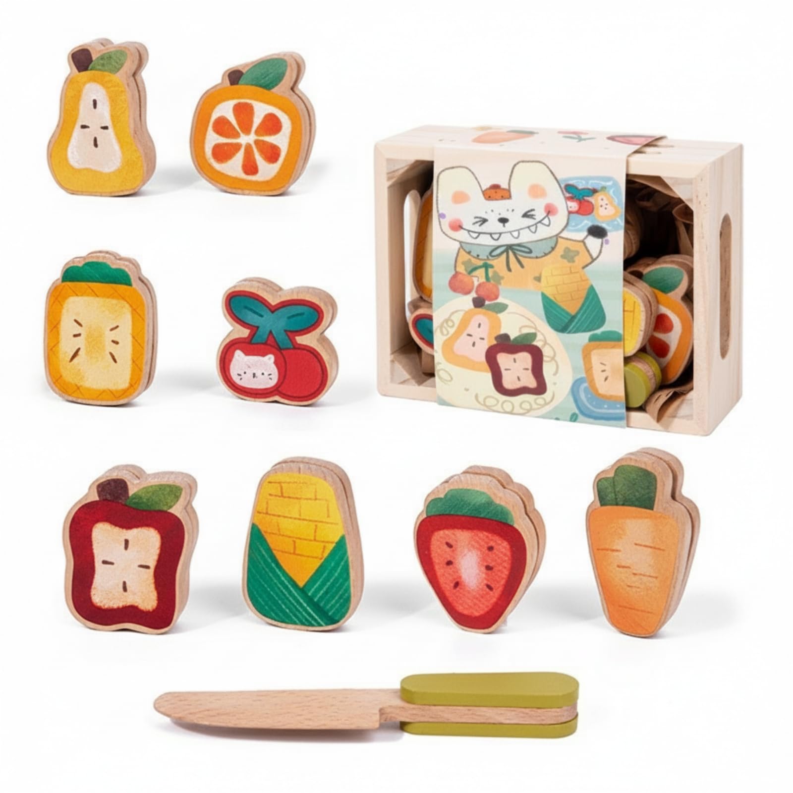Set Comida Madera Cubierta Ilustrada Set Cuchillos Infantiles Materiales No Tóxicos Juego Cocina para Niños, Frutas Y Verduras