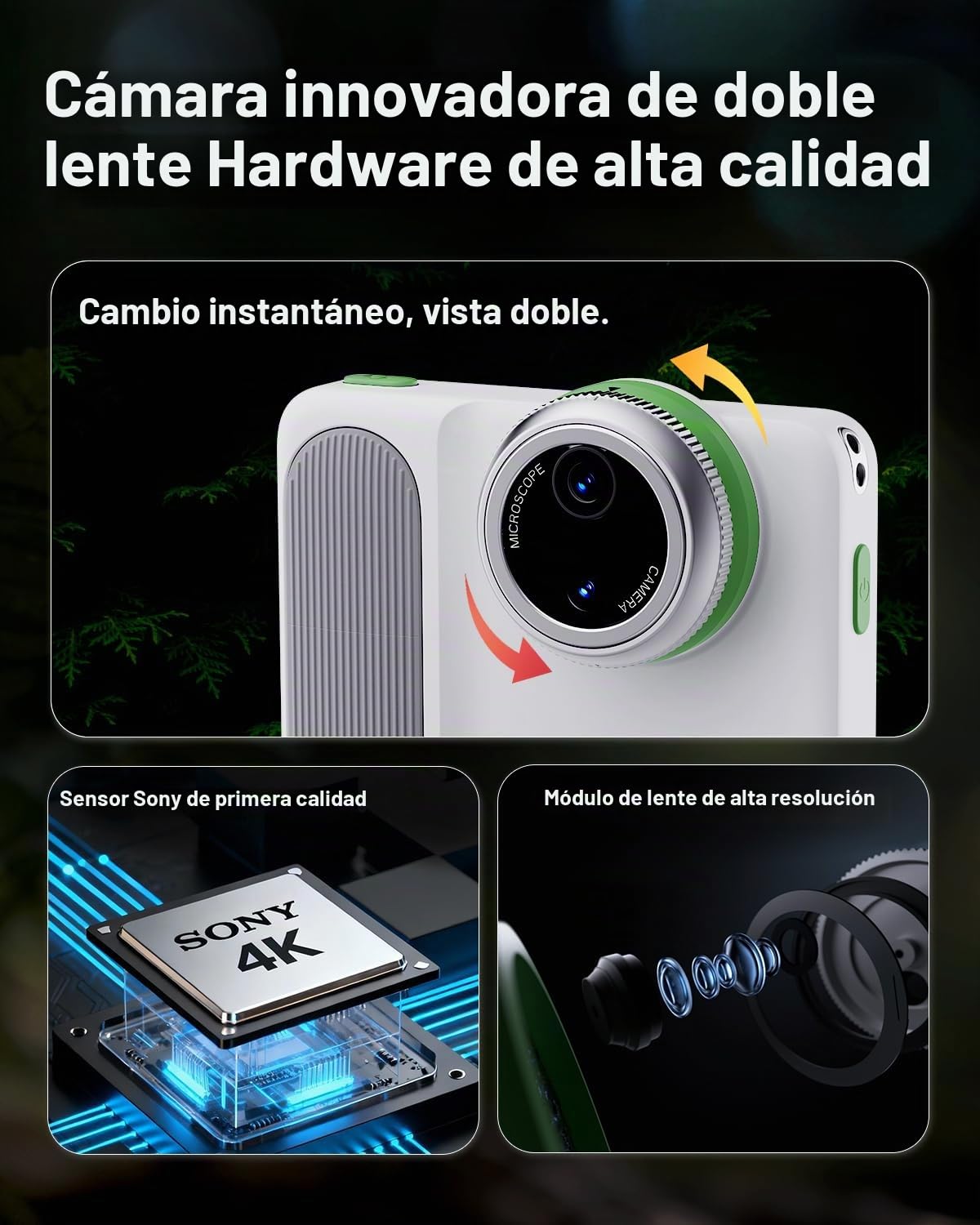 Cámara digital MicroCam X1 4K con microscopio 400X, material de película real 4K, enfoque automático, pantalla táctil LCD de 3,5 pulgadas, cámara compacta de apuntar y disparar para
