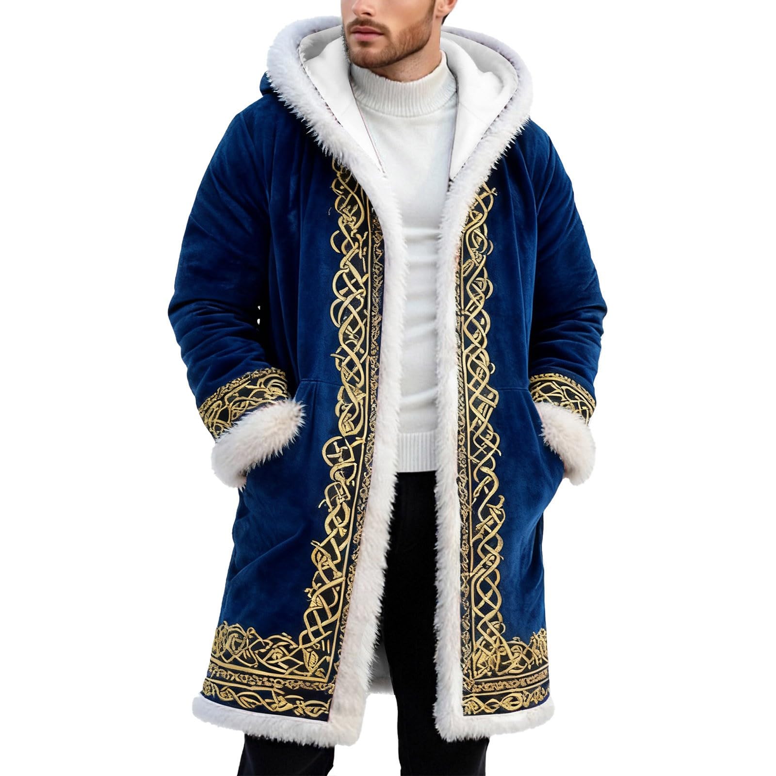 Santa Claus Costume Men's Christmas Costume Men's Funny Christmas Fleece Hoodie Oversize Christmas Jacket Warm Soft Cardigan Festive Party Coat Xmas Hooded Coat with Hood, O Blue, 4XL