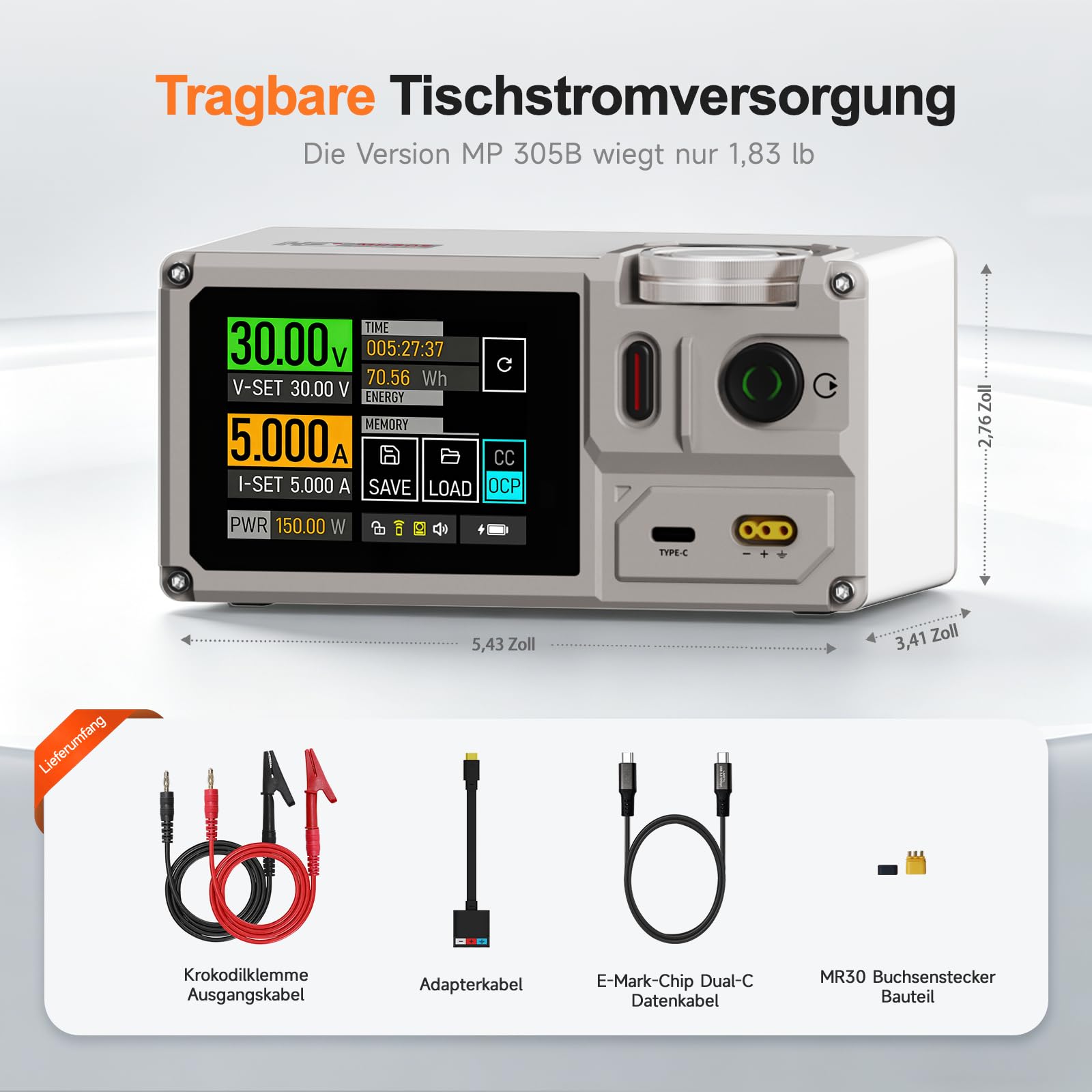 ISDT MP305B Programmierbares Labornetzteil 0–30 V / 0–5 A, 150 W, lineares DC-Netzgerät mit 2,8-Zoll-Touchscreen, USB-C PD 140 W, integriertem Akku und 10 Speichergruppen