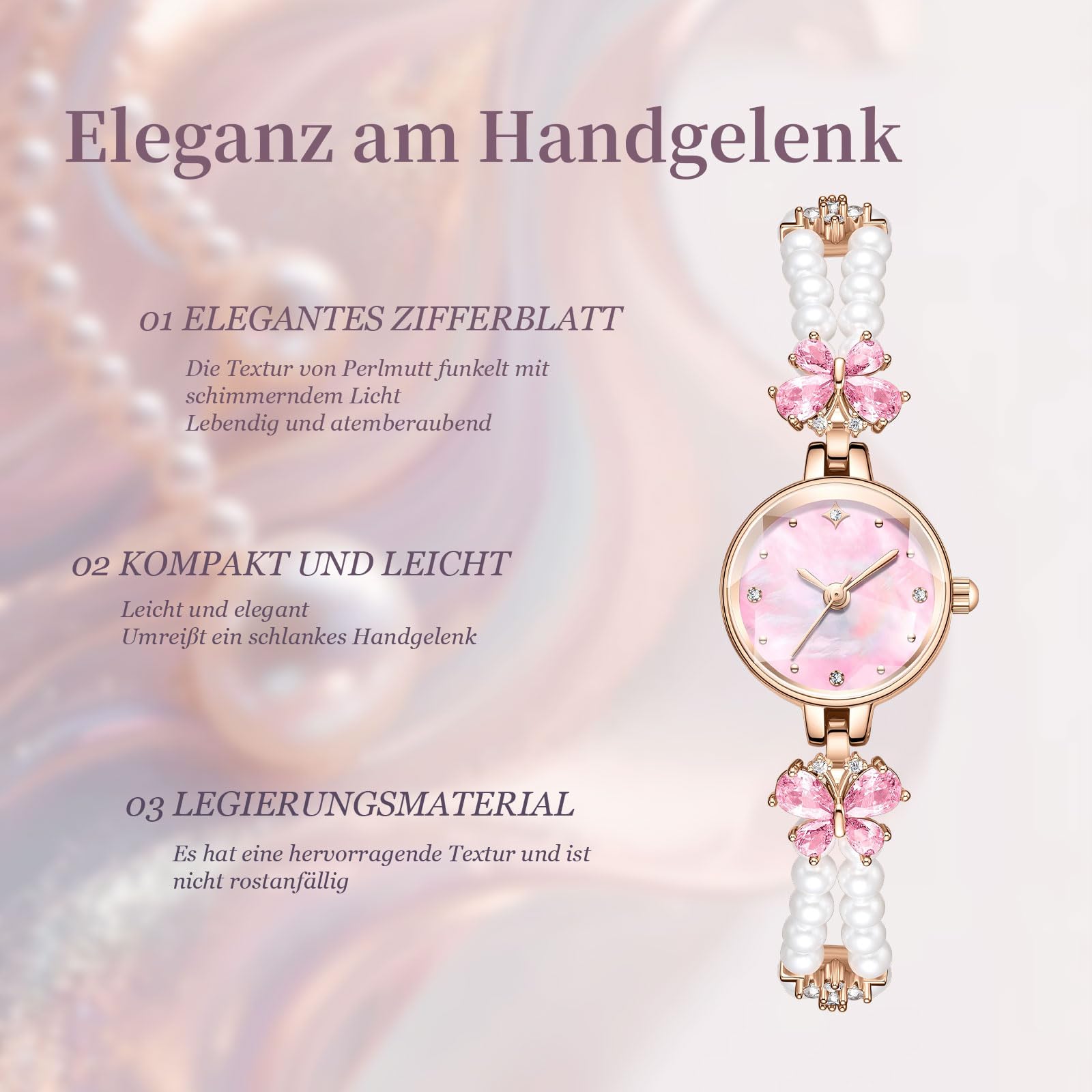 findtime Analoge Damenuhr 3ATM Wasserdicht Armbanduhr Damen Rund Quarzuhr Fraun Elegante Vintage Perlenarmband Exquisite Stylisches Uhr Für Frauen Schmuck Armreif Perlen Und Strass Design