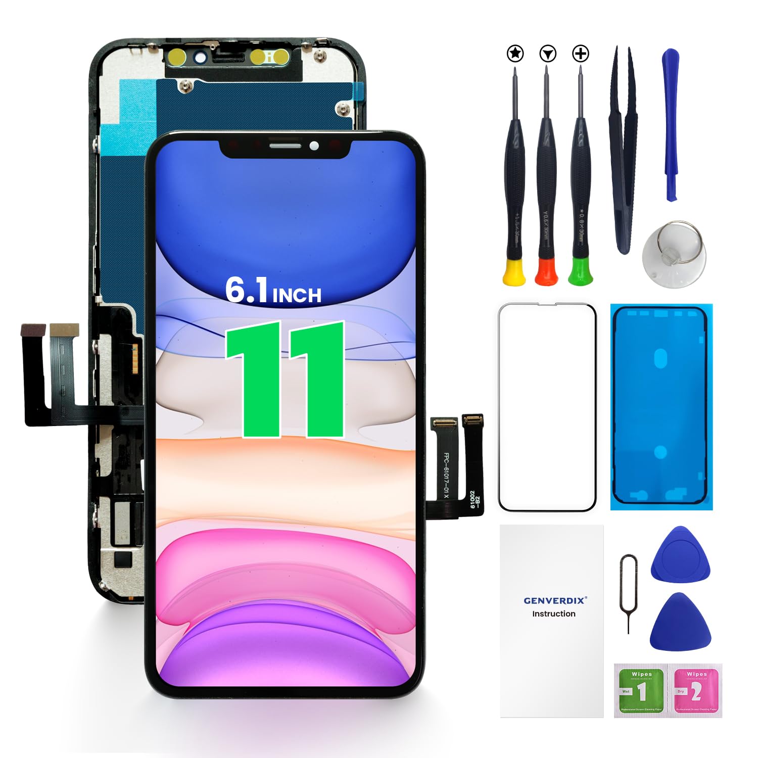 Zamiennik ekranu do iPhone'a 11 6,1 ″, zestaw naprawczy wyświetlacza dotykowego LCD Genverdix 3D, zespół digitizera z zestawem narzędzi, szkło hartowane, wodoodporny klej do ramy
