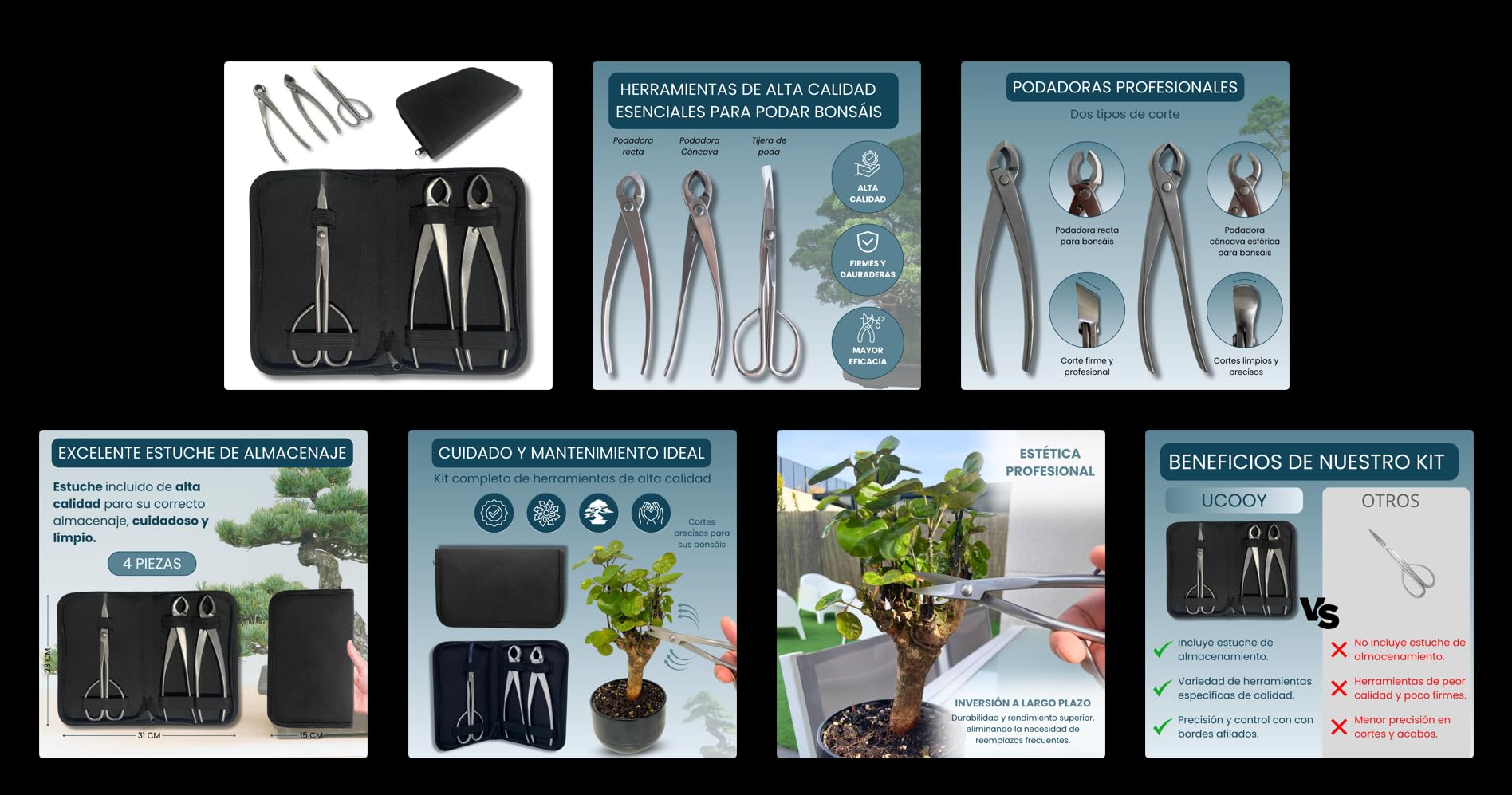 Kit Herramientas Bonsái Profesional – Estuche Para Mantenimiento de Bonsais con Tijeras, Podadora Cóncava y Podadora Recta Esenciales para el cuidado