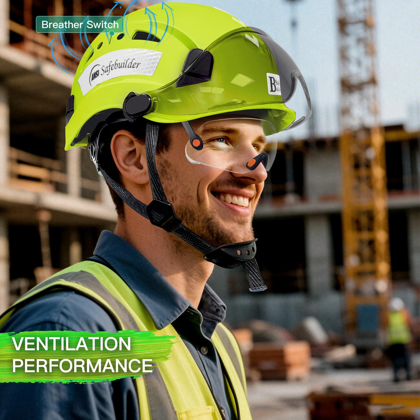 SAFEBUILDER Casco de seguridad con visera, ajustable, ligero, ventilado, para hombre, aprobado por ANSI Z89.1, industrial y construcción (casco verde fluorescente con visera transparente y tintada)