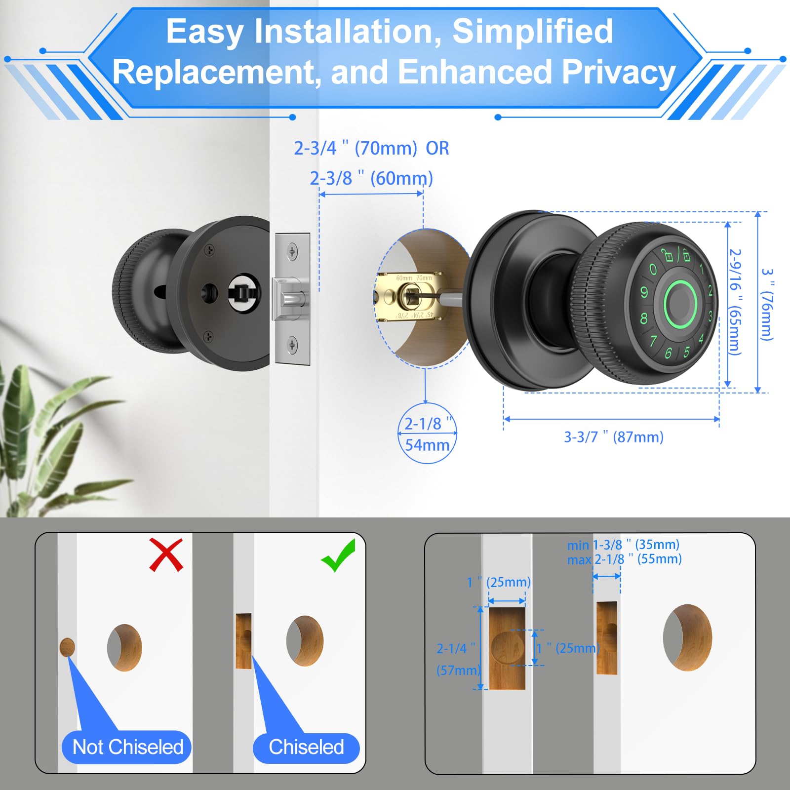 Serrure de porte intelligente avec clavier à code et application de contrôle d'empreintes digitales, verrouillage automatique et mode confidentialité, noir mat – Idéal pour appartement,